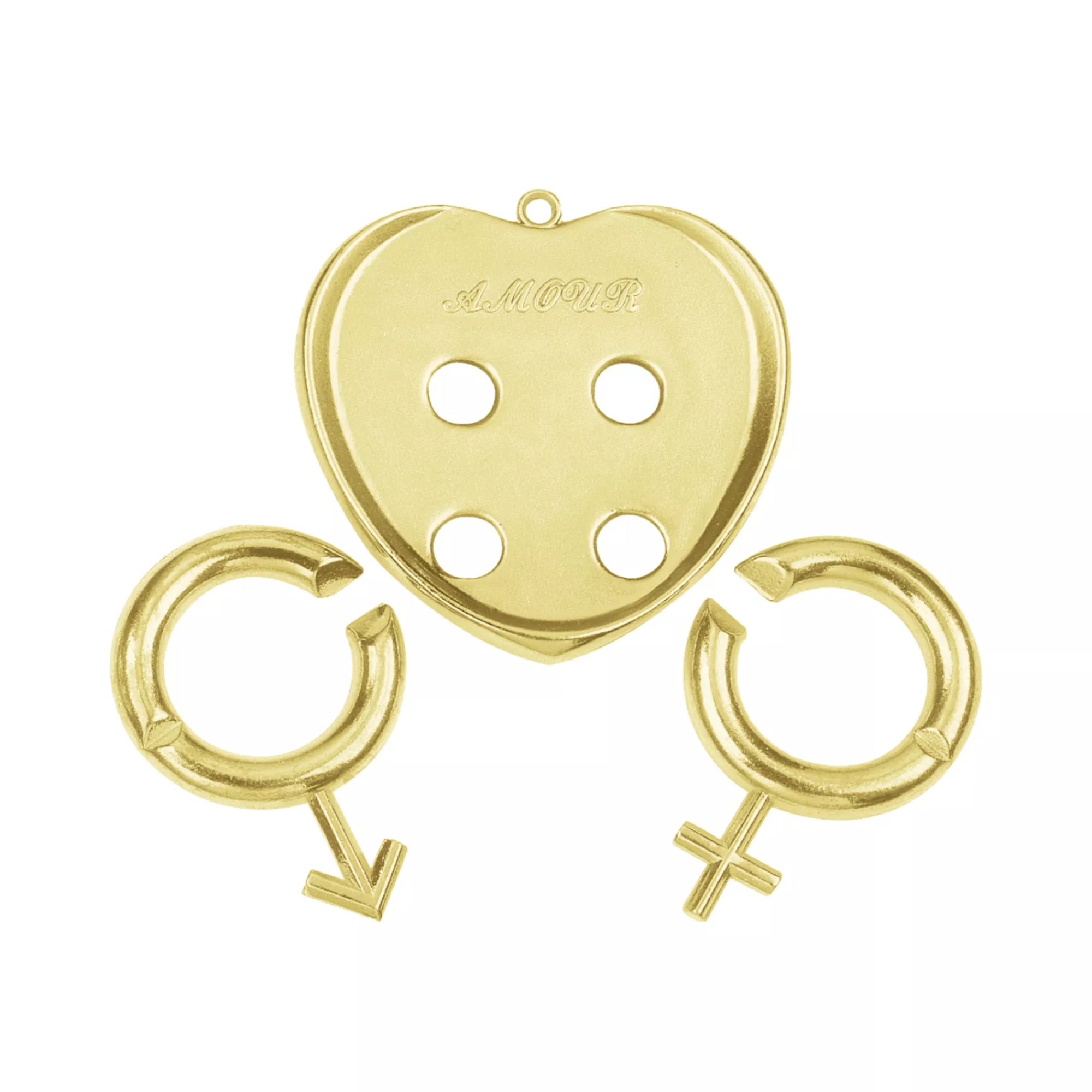 Mini Huzzle Amour Gold – a kirakó darabjaira szedve, a szív alaplap és a női-férfi szimbólum formájú fémgyűrűk külön láthatók.