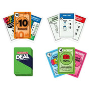A Monopoly Deal játékkártyái szétterítve – látható pénzkártya, tulajdonlapok, akciókártyák, valamint a hátlapos pakli.