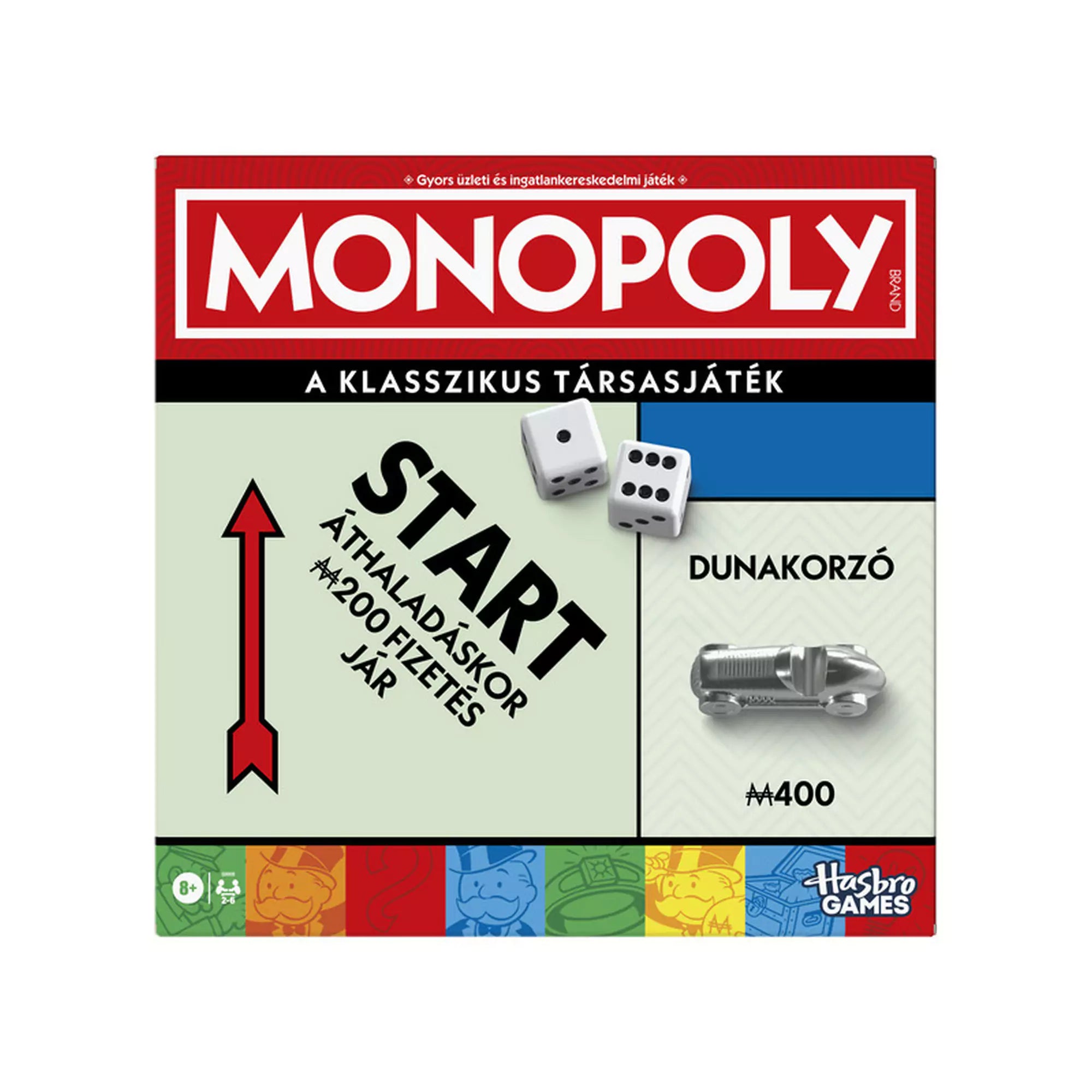 Monopoly – A klasszikus társasjáték magyar kiadásának doboza, amelyen a „Start” mező, dobókockák, Dunakorzó mező és egy autó figura látható.