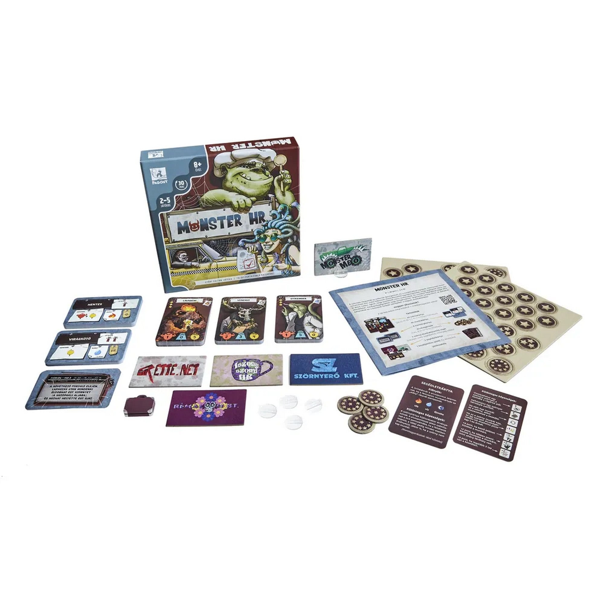 A Monster HR társasjáték teljes tartalma: doboz, szabálykönyv, kártyák, jelölők és cégtáblák, amelyek humoros, szörnyvilágban játszódó toborzójátékot ígérnek.