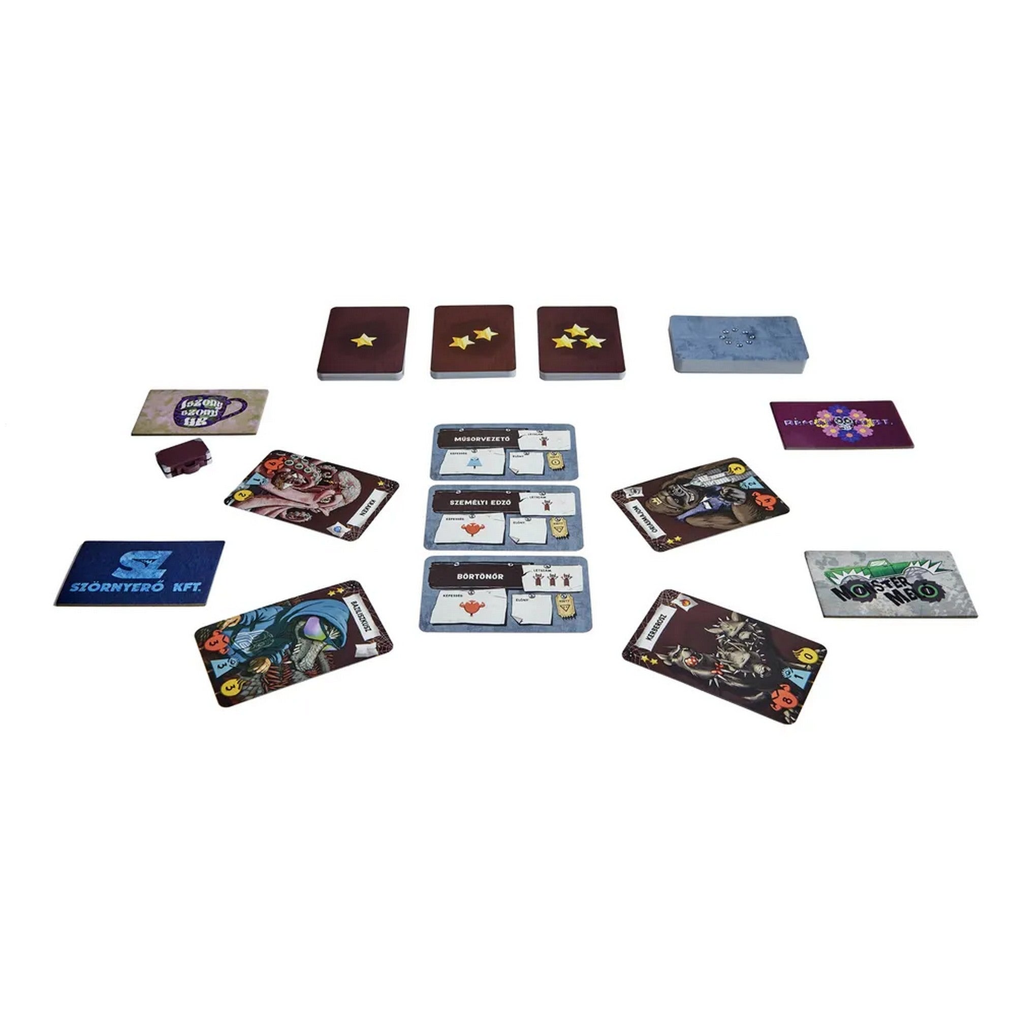 A Monster HR társasjáték játékmenete közben látható elrendezés, karakter- és feladatkártyákkal, különböző cégek logóival és szörnyalkalmazottakkal.