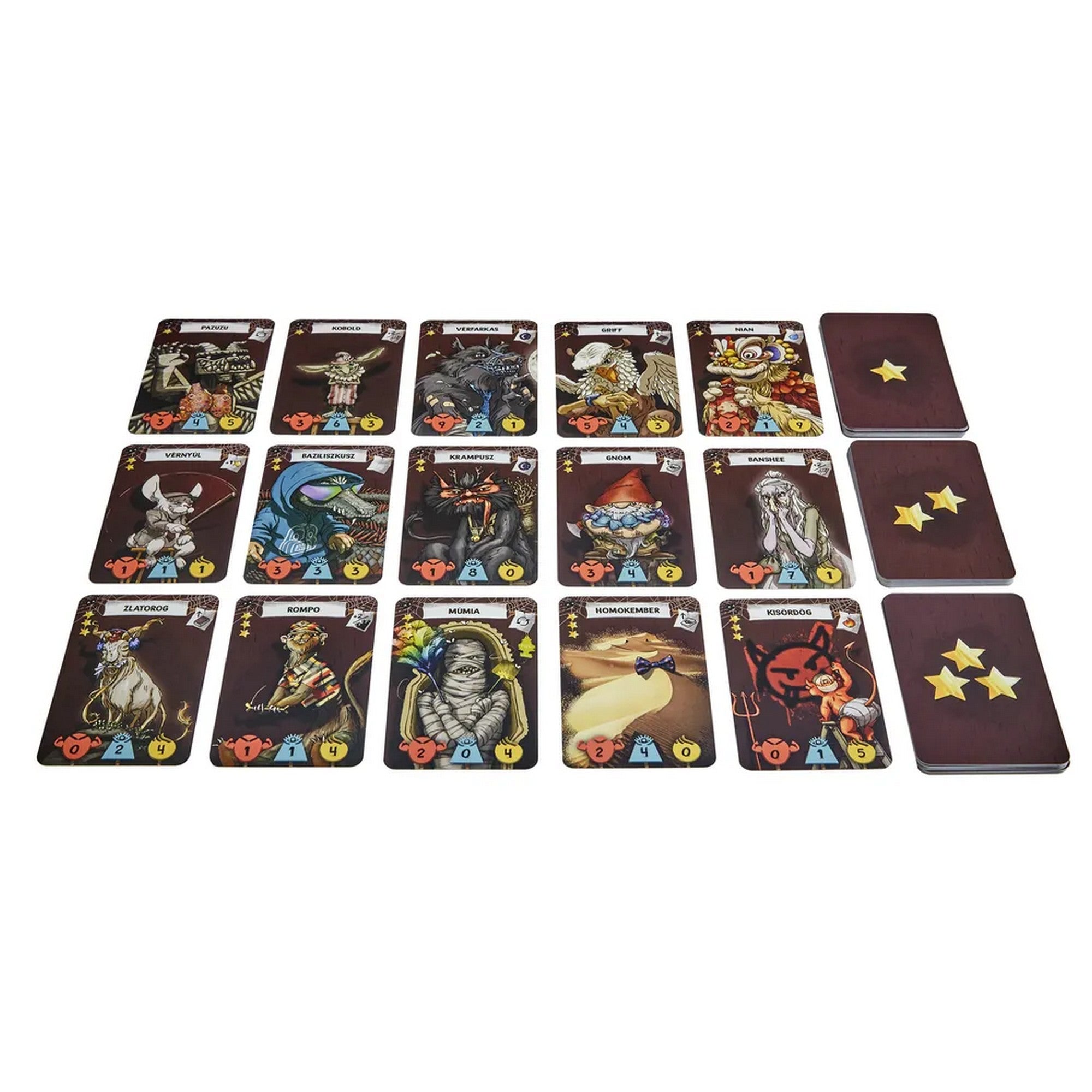 A Monster HR társasjáték szörnykártyái kiterítve, különféle lényekkel, például vérfarkas, múmia, banshee és krampusz, sötét háttérrel és színes ikonokkal.