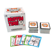 Muffin Time társasjáték doboza a kártyapaklikkal és néhány illusztrált akció-, kontra- és csapdakártyával kirakva