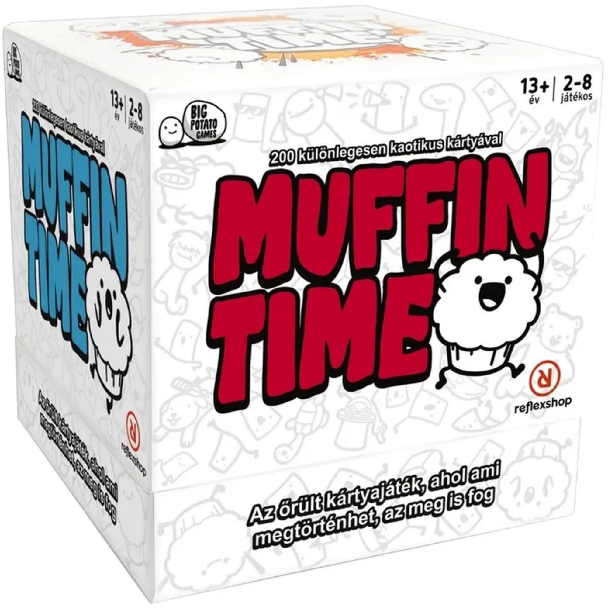 Muffin Time társasjáték doboza közelről, fehér alapon piros logóval és vidám muffinfigurával, amely kiemeli a játék kaotikus hangulatát.
