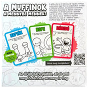 Muffin Time társasjáték hátlapja három kártyával (Akció, Kontra, Csapda) bemutatva, szöveges játékleírással és a jellegzetes humoros stílusban.