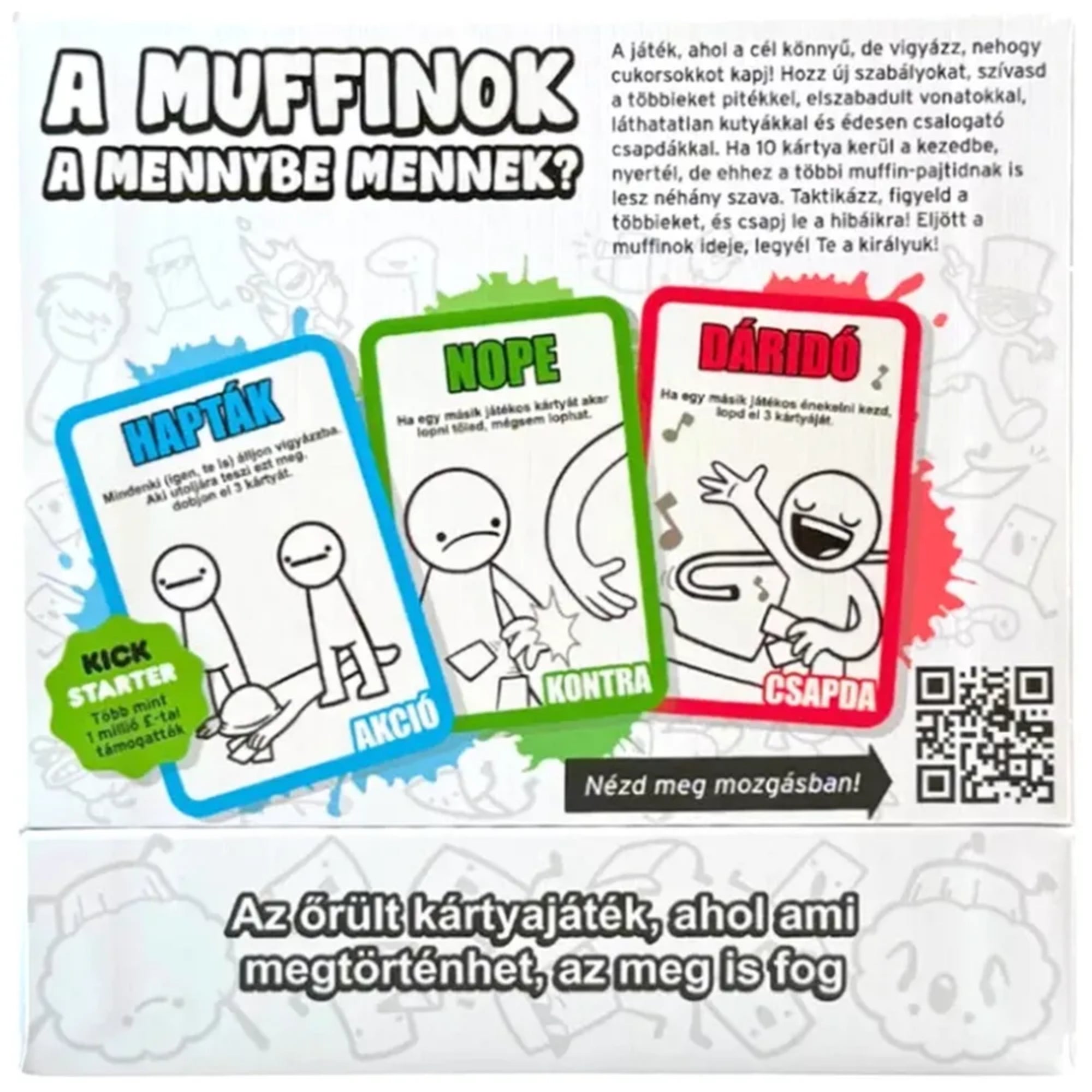 Muffin Time társasjáték hátlapja három kártyával (Akció, Kontra, Csapda) bemutatva, szöveges játékleírással és a jellegzetes humoros stílusban.