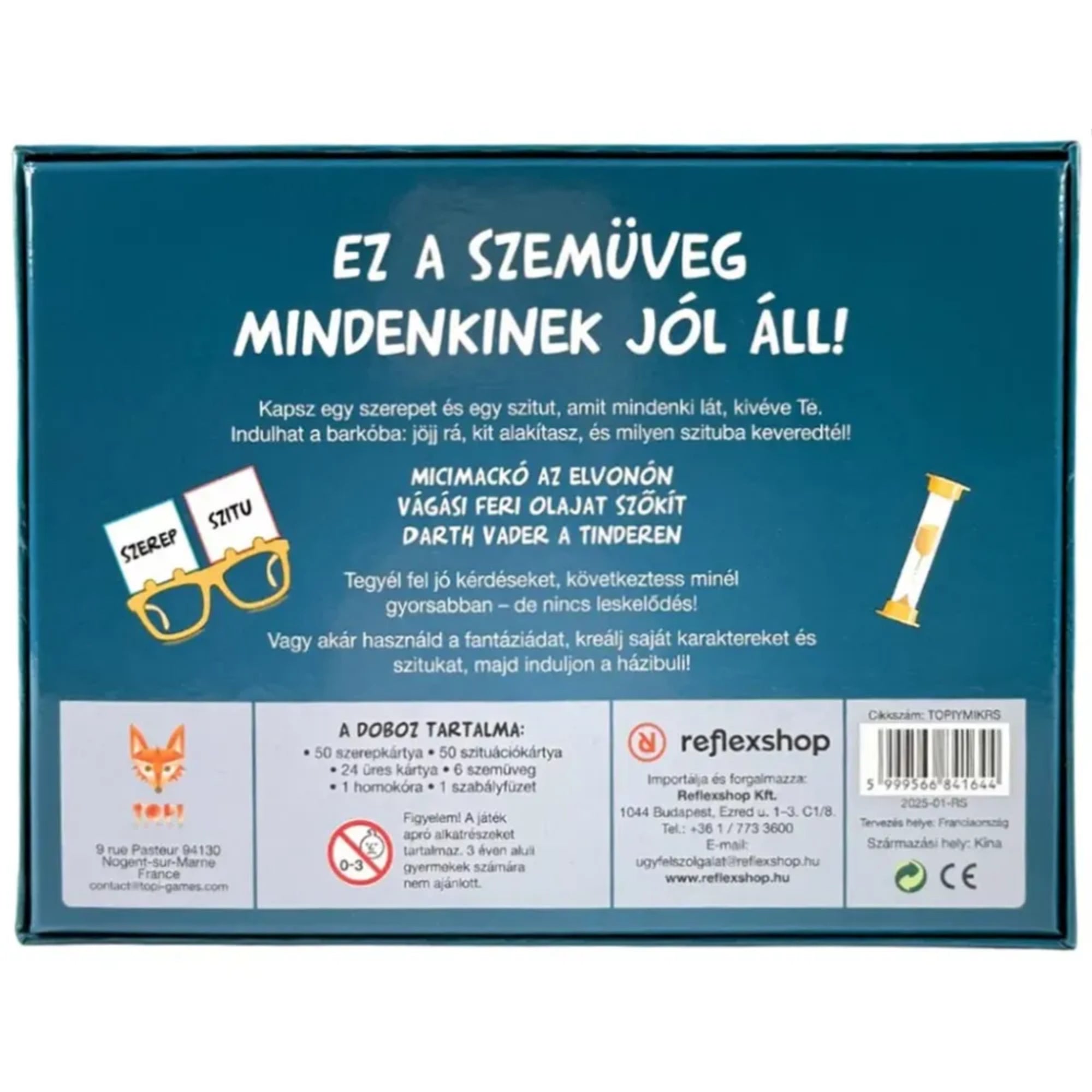 Nagyi bugyiban társasjáték dobozának hátoldala, a játékszabály rövid leírásával, példákkal a szerep- és szitukártyákra, valamint a játékosok számát és játékidőt jelölő ikonokkal.