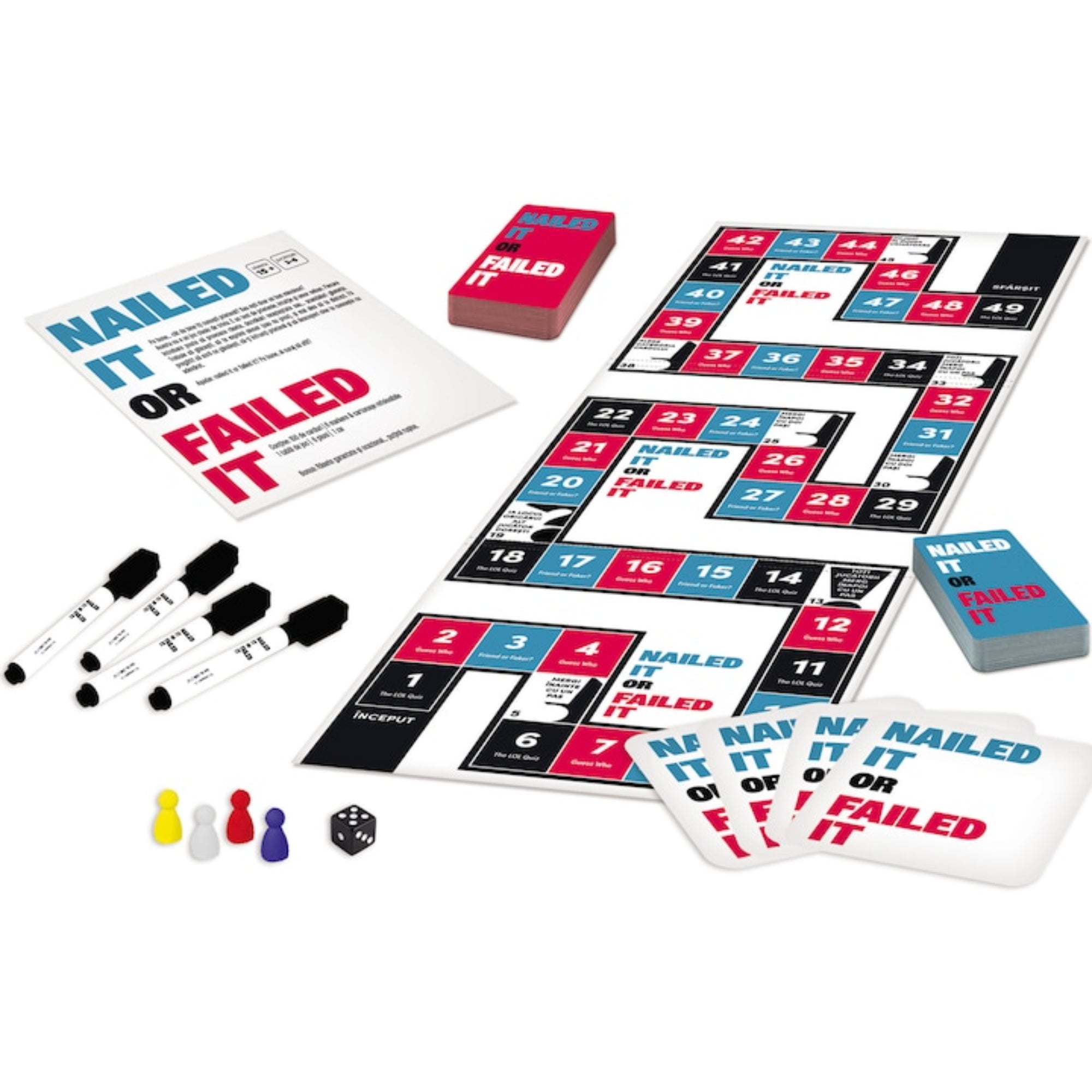 „A Nailed It or Failed It játék kellékei: játéktábla mezőkkel, feladatkártyák, filctollak, figurák és szabálykártya fehér háttéren.”