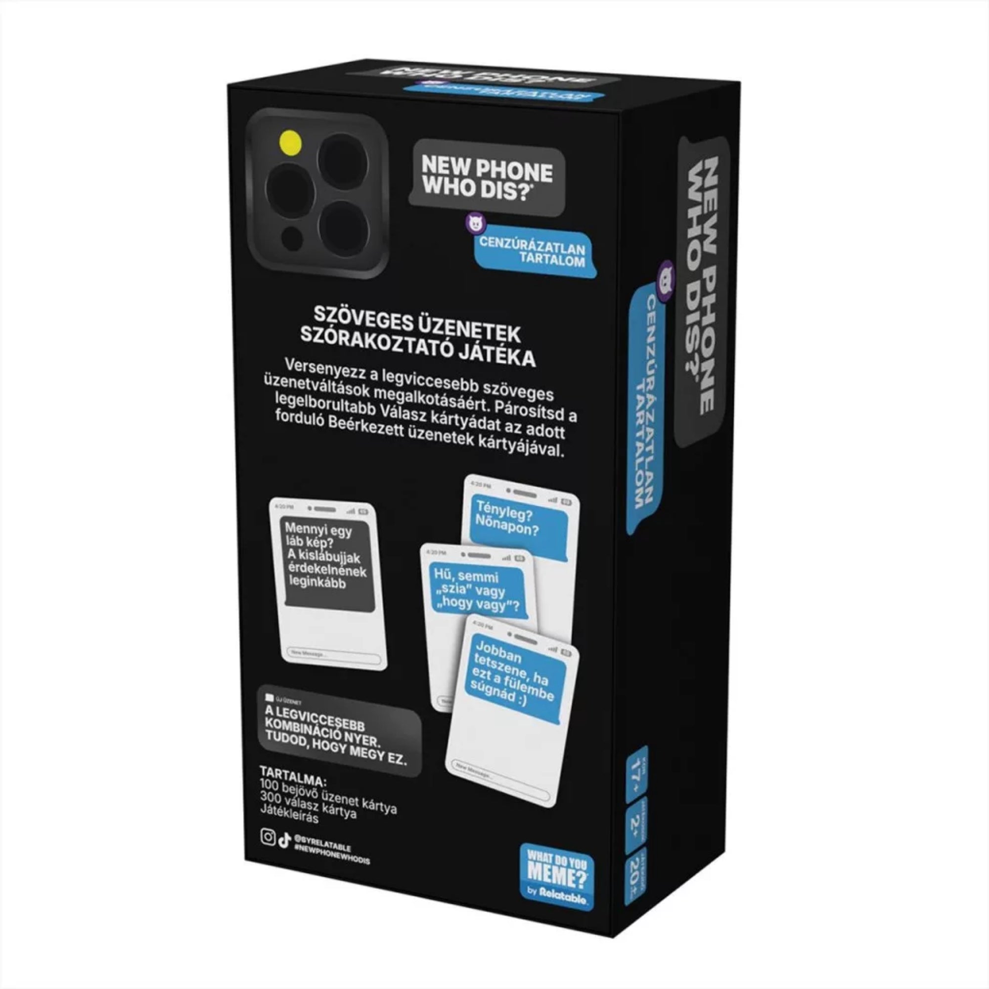 A New Phone, Who Dis? társasjáték dobozának hátoldala, szöveges üzenetkártyákkal és játékismertetővel.