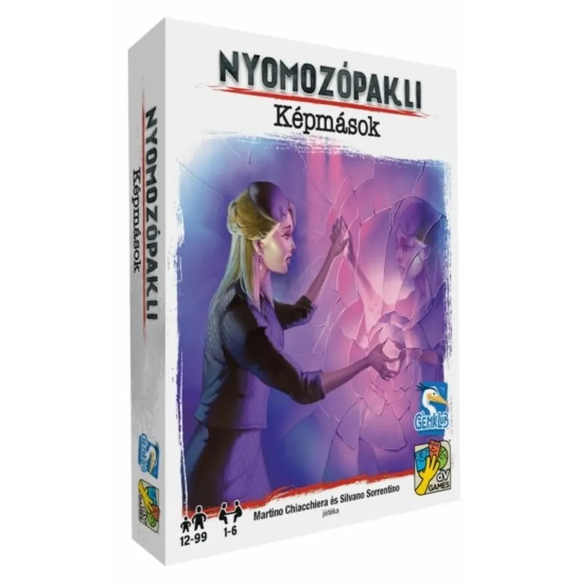 A Nyomozópakli – Képmások társasjáték doboza, amelyen egy női karakter látható, aki egy törött tükörben saját tükörképét érinti. A borító sejtelmes, krimis hangulatot áraszt.