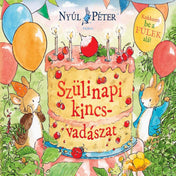 Nyúl Péter – Szülinapi kincsvadászat című könyv borítója nagy születésnapi tortával, nyuszik ünnepi hangulatban lufik és virágok között.