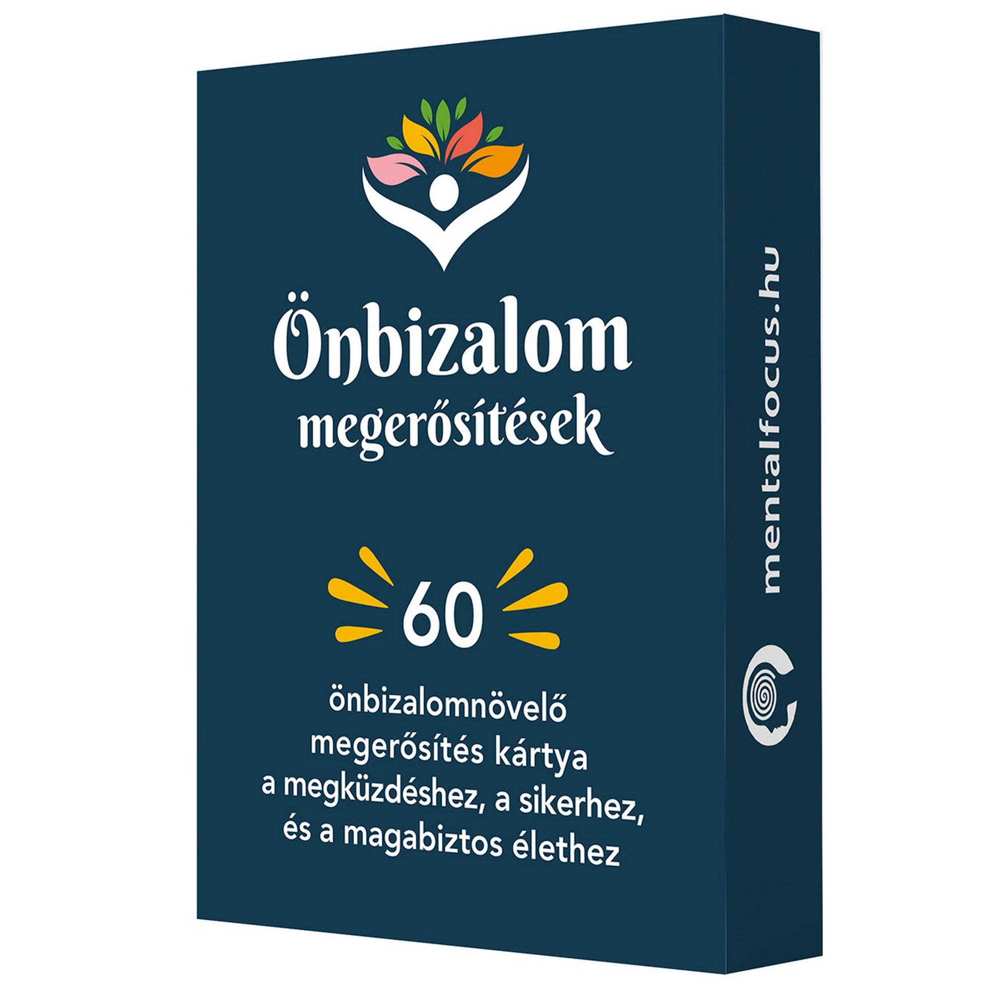 Önbizalom megerősítések doboza sötétkék színben, 60 önbizalomnövelő megerősítő kártyával.