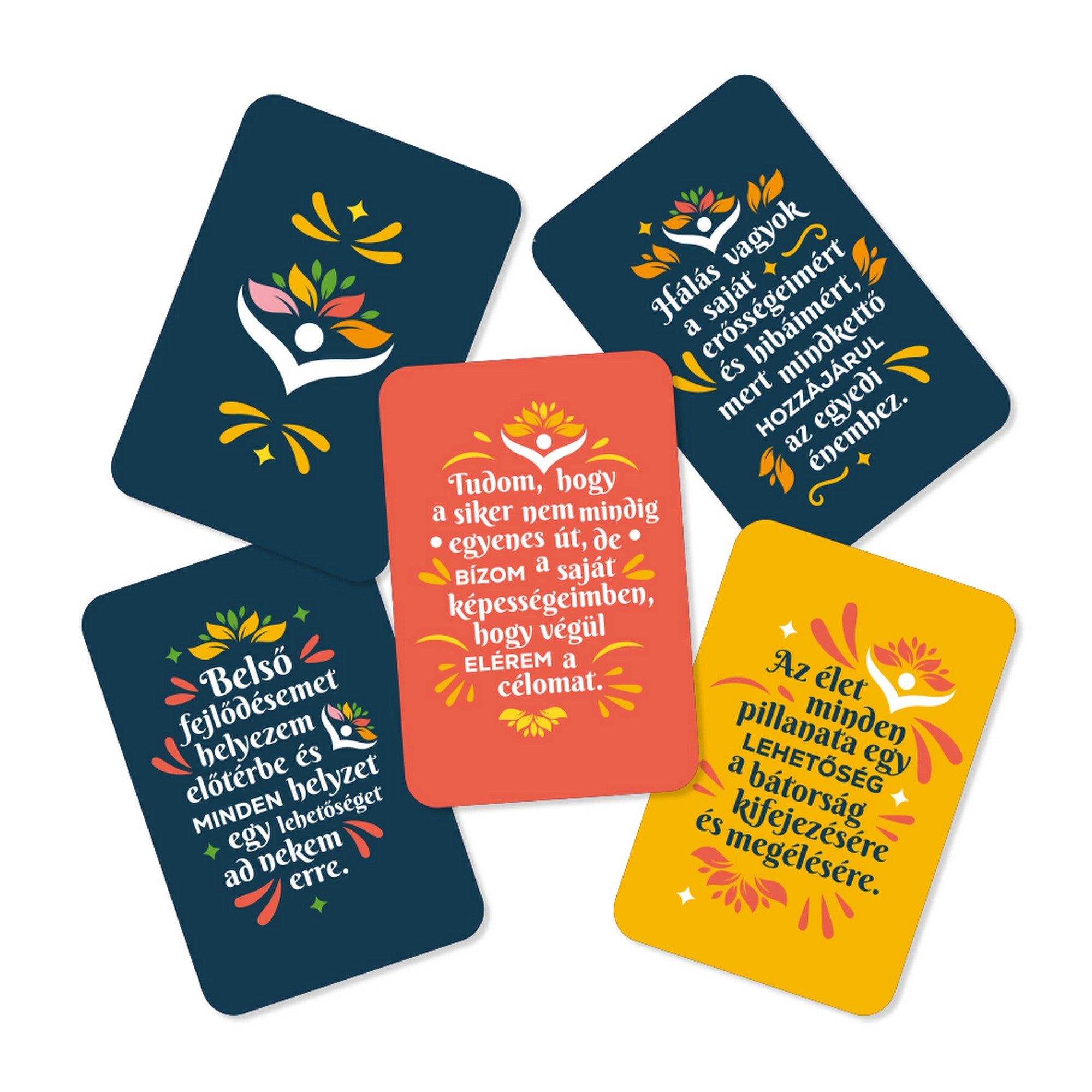 Önbizalom megerősítések kártyák motiváló idézetekkel és színes, inspiráló grafikákkal.