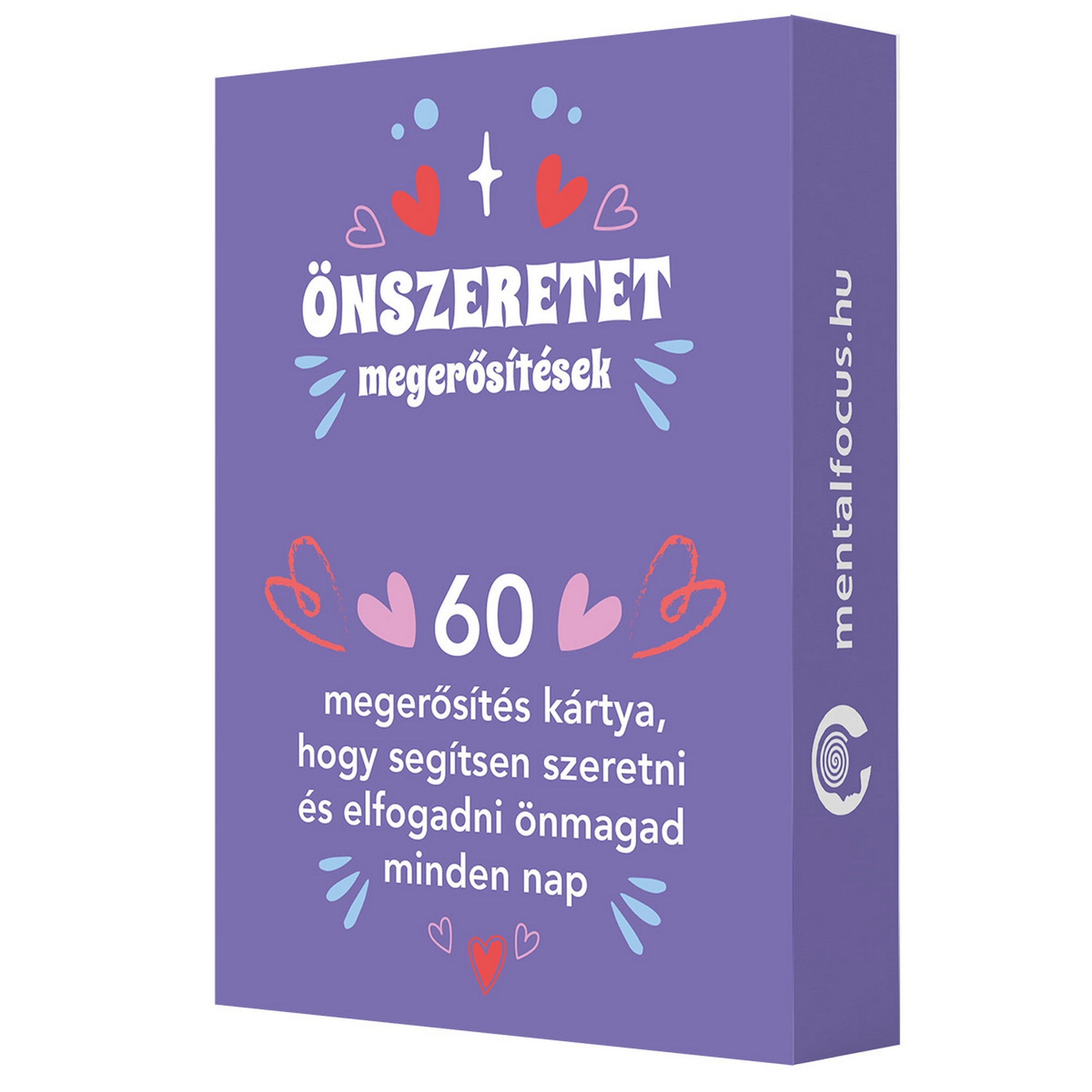 Önszeretet megerősítések doboza lila színben, 60 inspiráló kártyával az önelfogadás és önszeretet erősítésére.