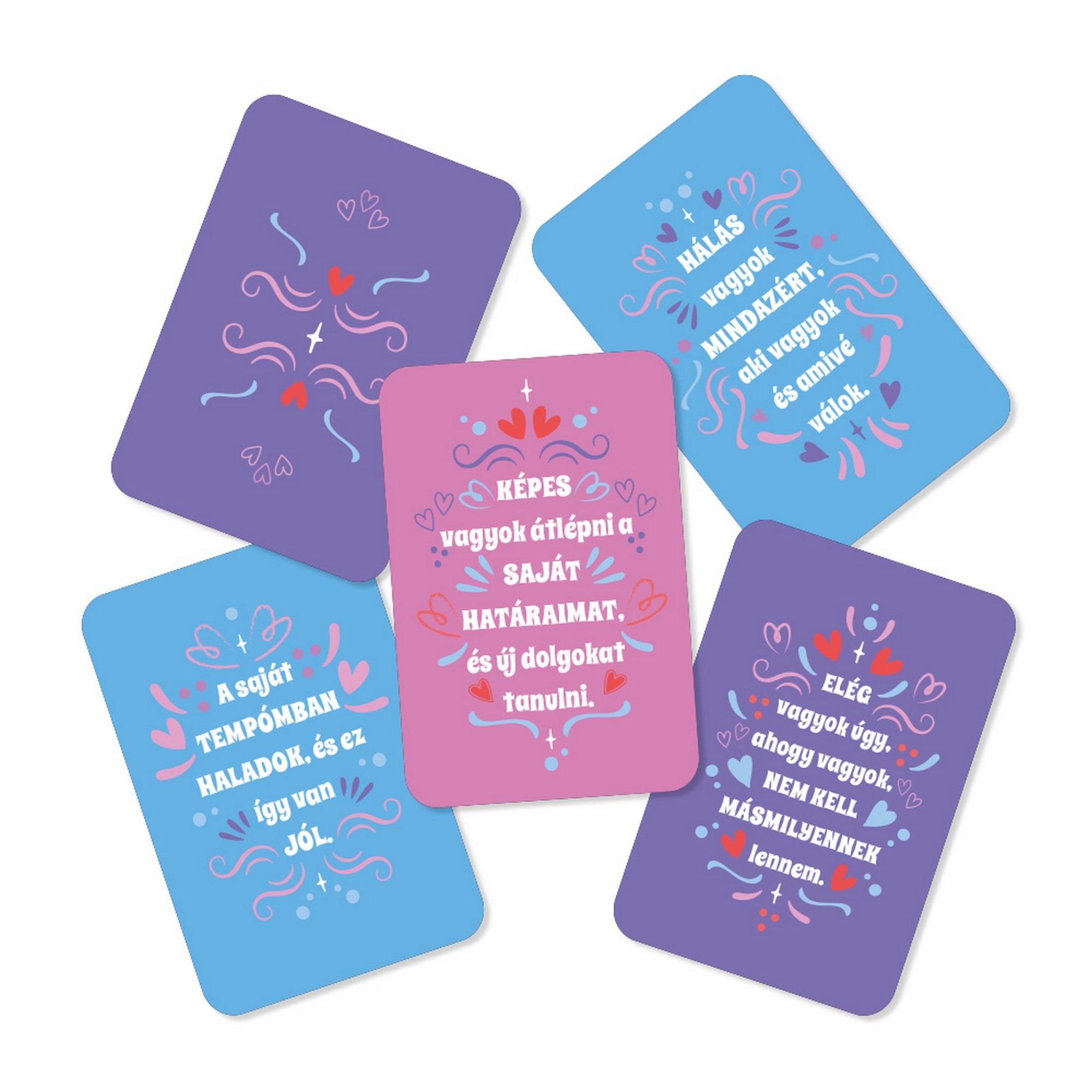 Önszeretet megerősítések kártyák színes, pozitív idézetekkel és szív motívumos, vidám dizájnnal.