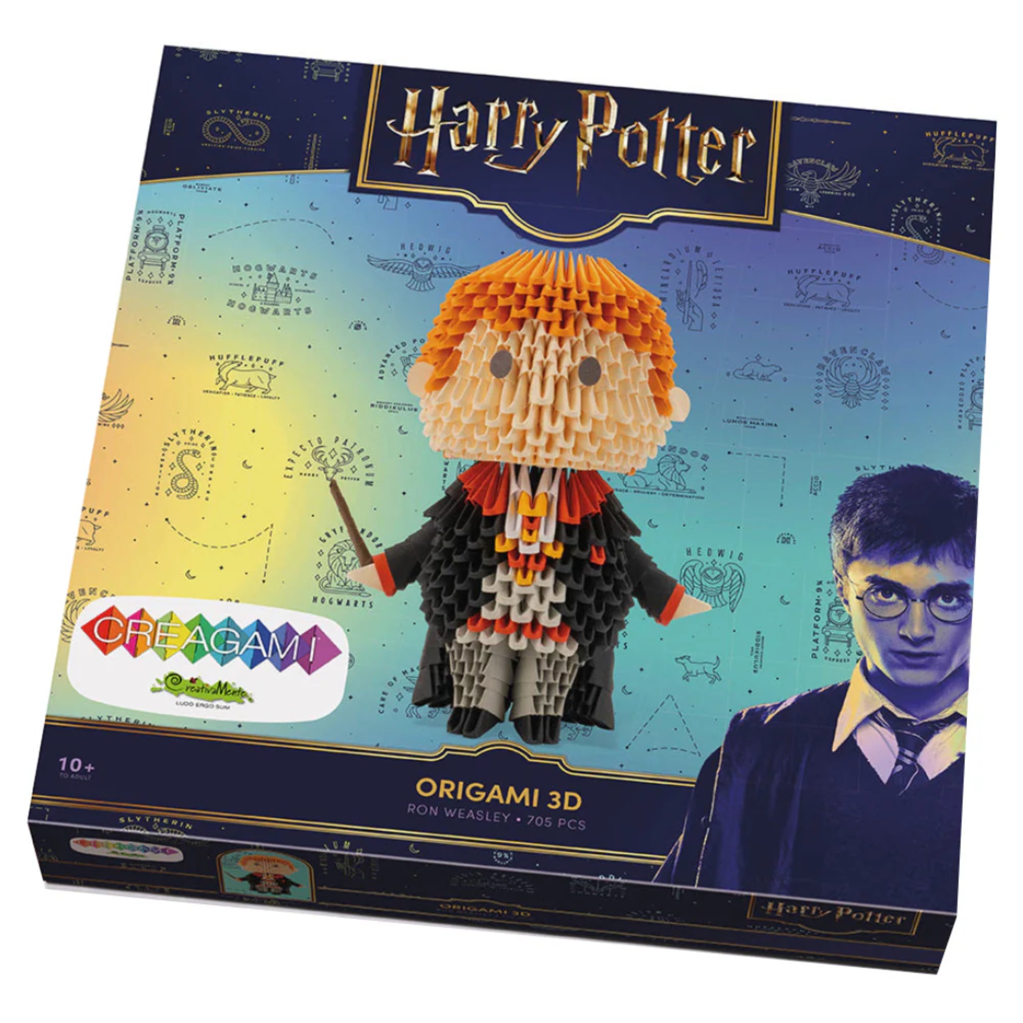 Ez a kép a Creagami 3D Ron Weasley origami készletet mutatja be, amely 705 darabból áll. A szett lehetővé teszi, hogy saját kezűleg készíts egy részletgazdag, moduláris origami figurát Ron Weasleyről, a népszerű Harry Potter karakterről. A doboz dizájnja a varázsvilág hangulatát idézi, és tökéletes ajándék lehet minden rajongó számára.