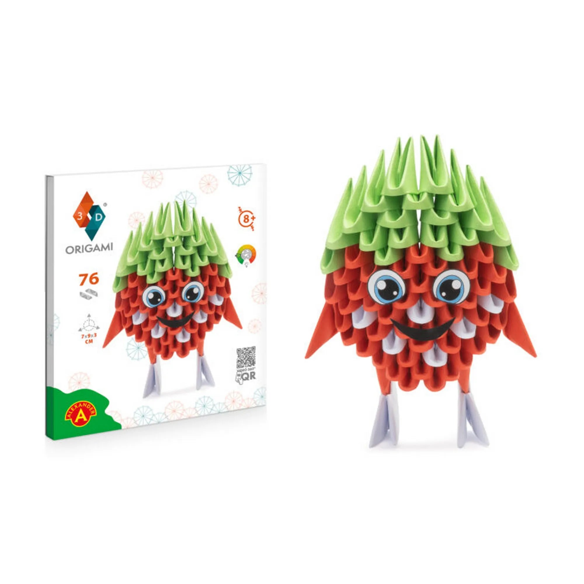 A 3D Origami Eper (76 darabos) készlet doboza a mellette álló elkészült, vidám eperfigurával, amely zöld leveleket és kék szemeket visel.