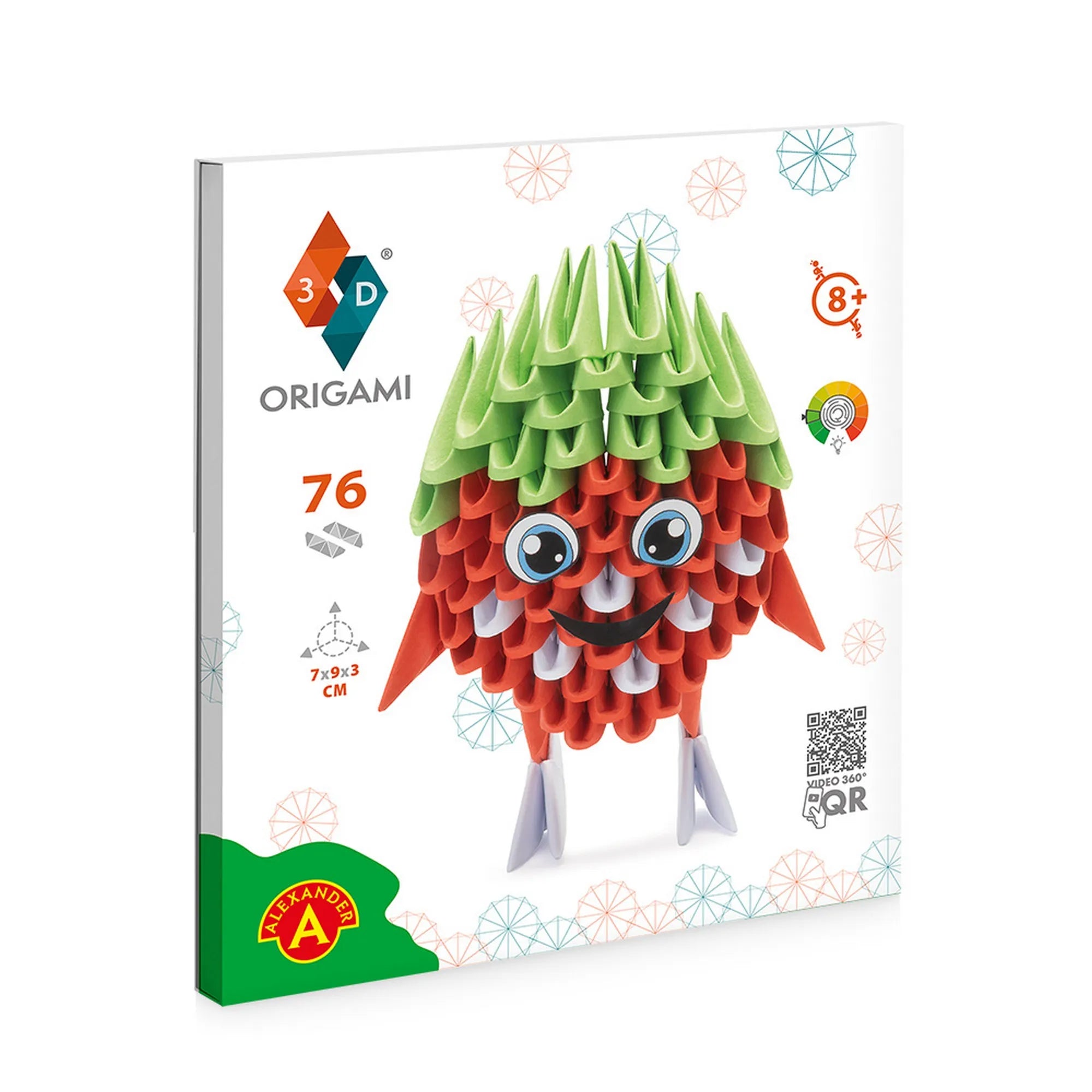 A 3D Origami Eper (76 darabos) készlet dobozának előlapja, amelyen a piros-zöld eperfigura és a termék logója látható fehér háttéren.