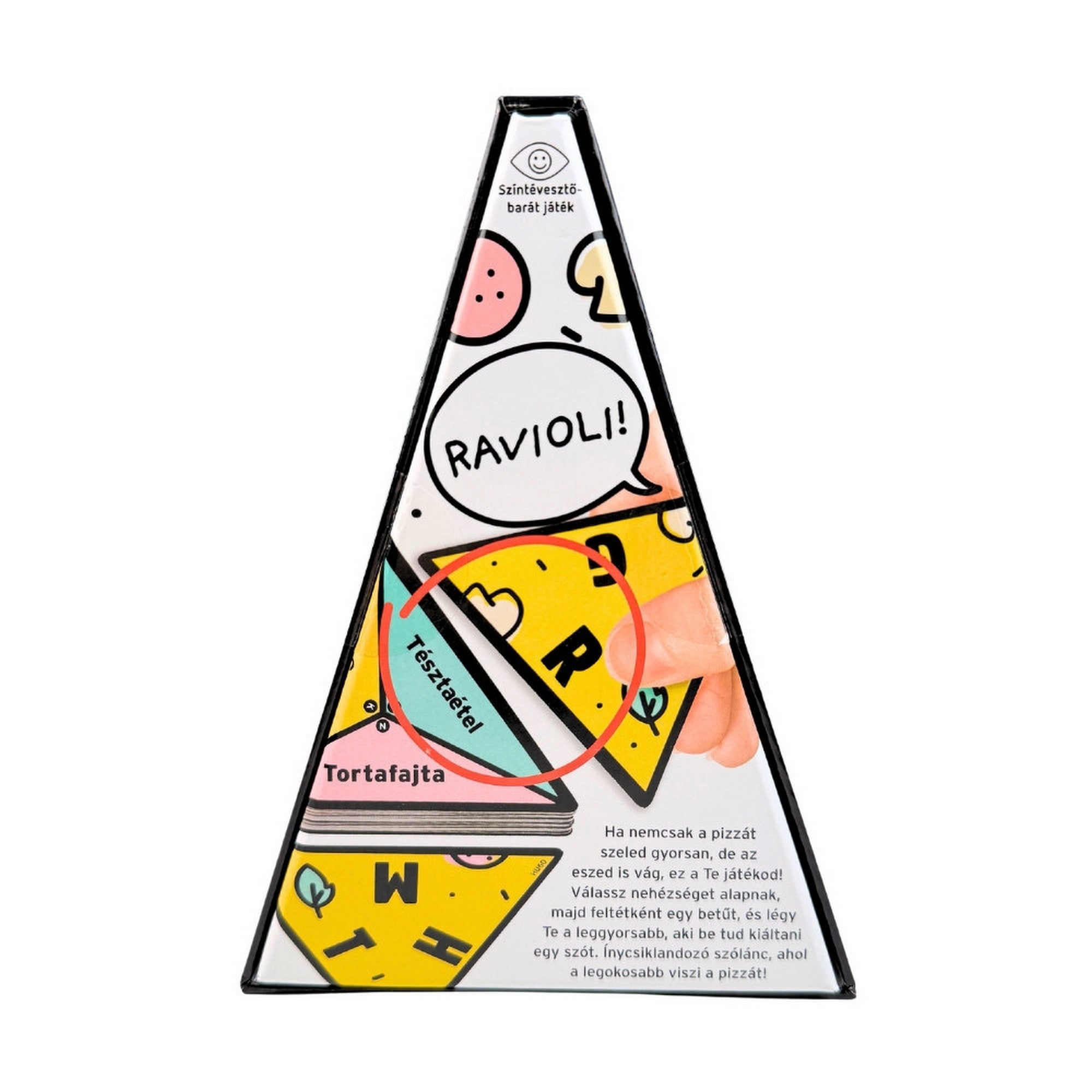 P Mint Pizza társasjáték doboz hátoldala, a játék működését bemutató illusztrációval, háromszög alakú kártyákkal, kategóriákkal és rövid játékleírással.