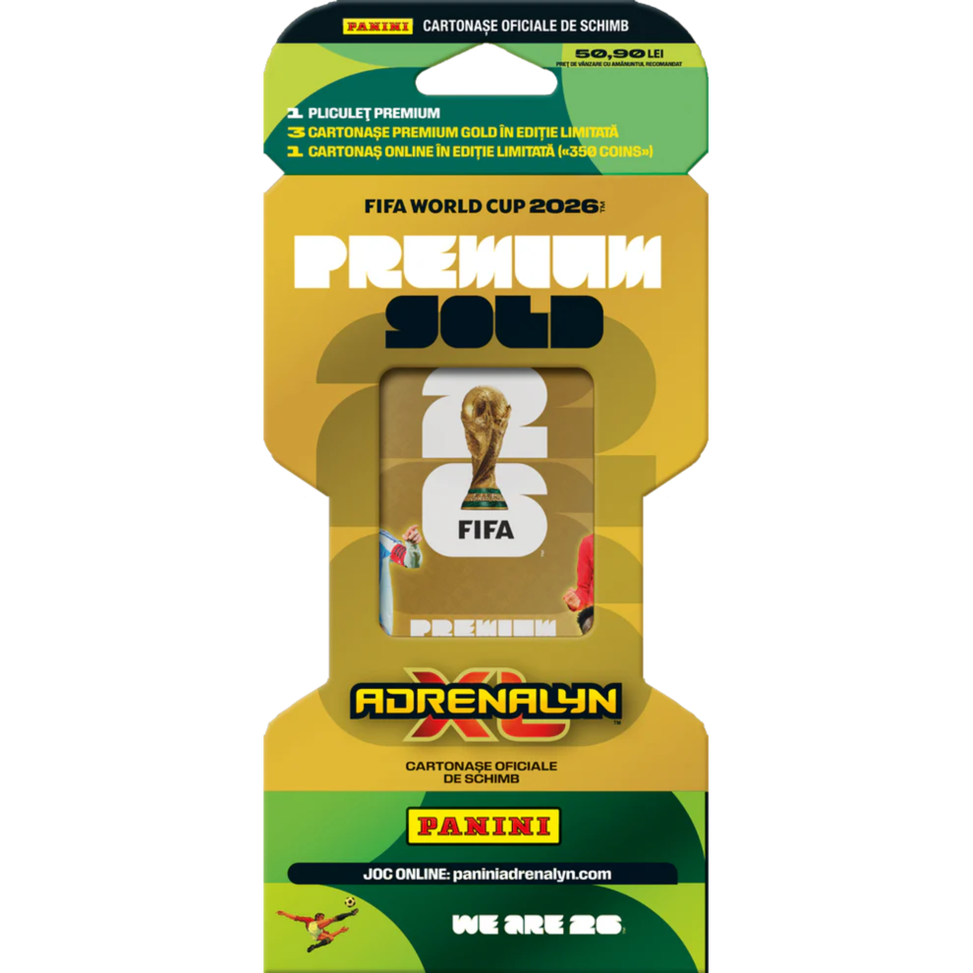 Panini FIFA World Cup 2026 Adrenalyn XL Premium Gold gyűjtőkártya csomag arany színű csomagolásban, limitált kiadású futballkártyákkal és FIFA világbajnoki grafikával