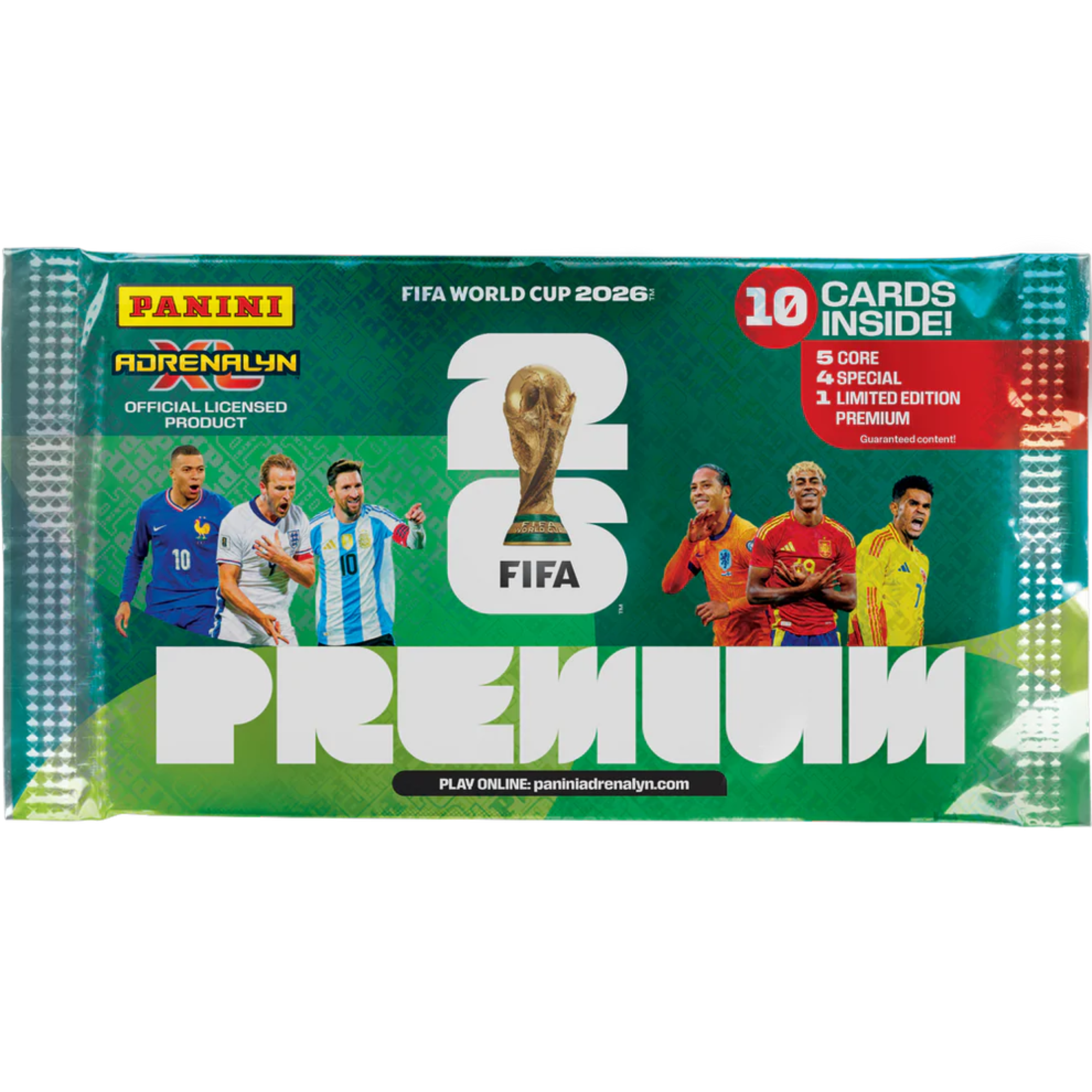 Panini FIFA World Cup 2026 Adrenalyn XL Premium gyűjtőkártya csomag, zöld csomagolásban világbajnoki futballsztárokkal és 10 kártyát tartalmazó prémium pakkal