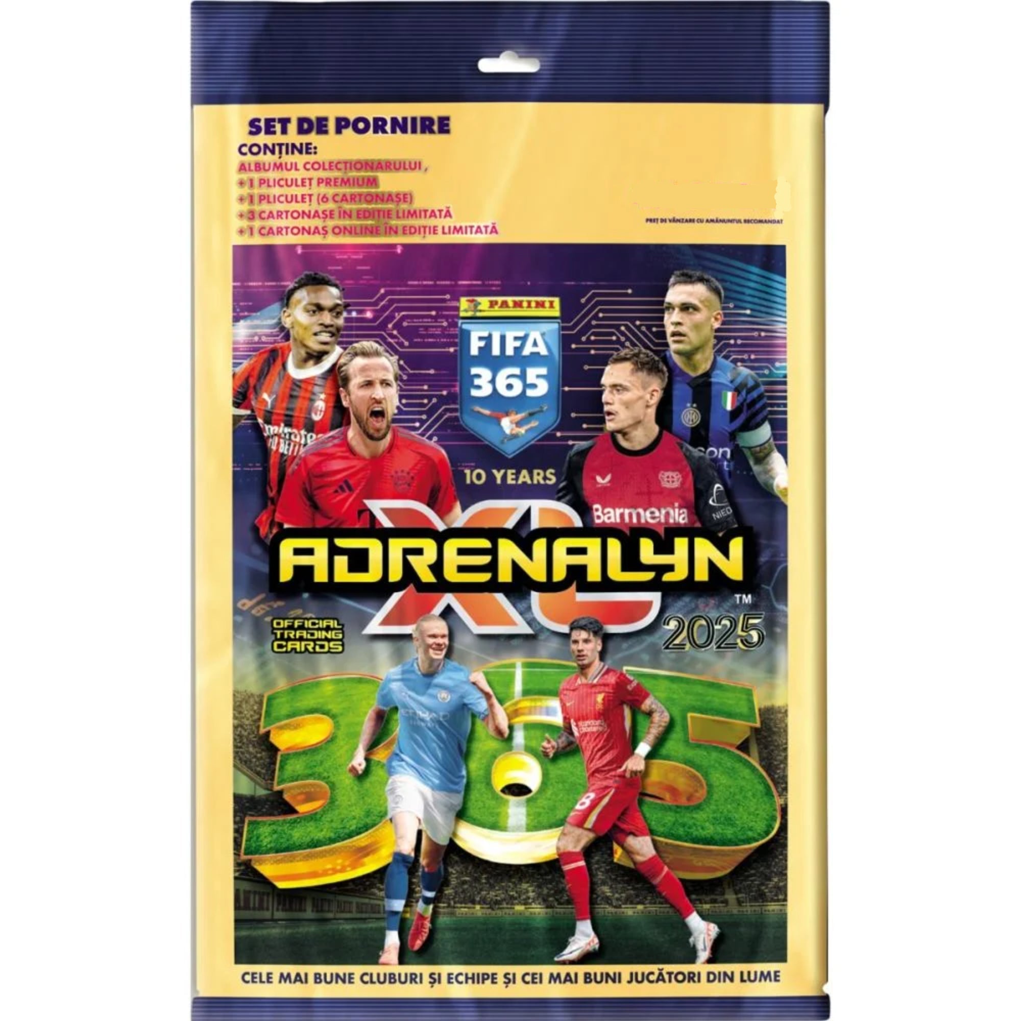 Panini FIFA 365 Adrenalyn XL 2025 Mega Starter Pack csomag, gyűjtőalbum, 6 kártya, limitált kiadású kártyák és online kártya, ideális futballrajongóknak.