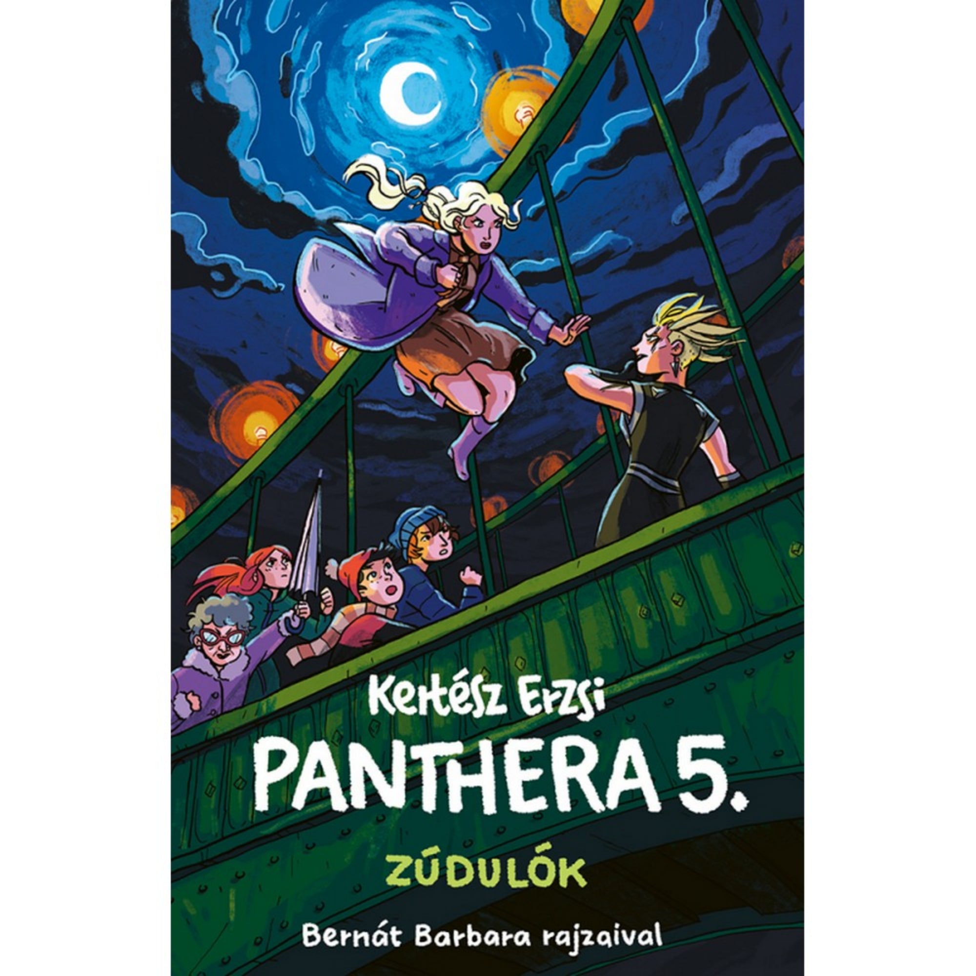 Kertész Erzsi: Panthera 5. – Zúdulók könyv borítója, Bernát Barbara illusztrációjával. A kép egy izgalmas éjszakai jelenetet ábrázol hídon, teliholdas, örvénylő égbolt alatt. Egy szőke hajú lány lendületesen ugrik a híd korlátjáról egy fekete ruhás ellenfél felé. Alul több szereplő, köztük kardot tartó és meglepett arcú fiatalok figyelik az eseményt. A drámai hangulatot a sötétkék égbolt és a fénylő lámpások erősítik.