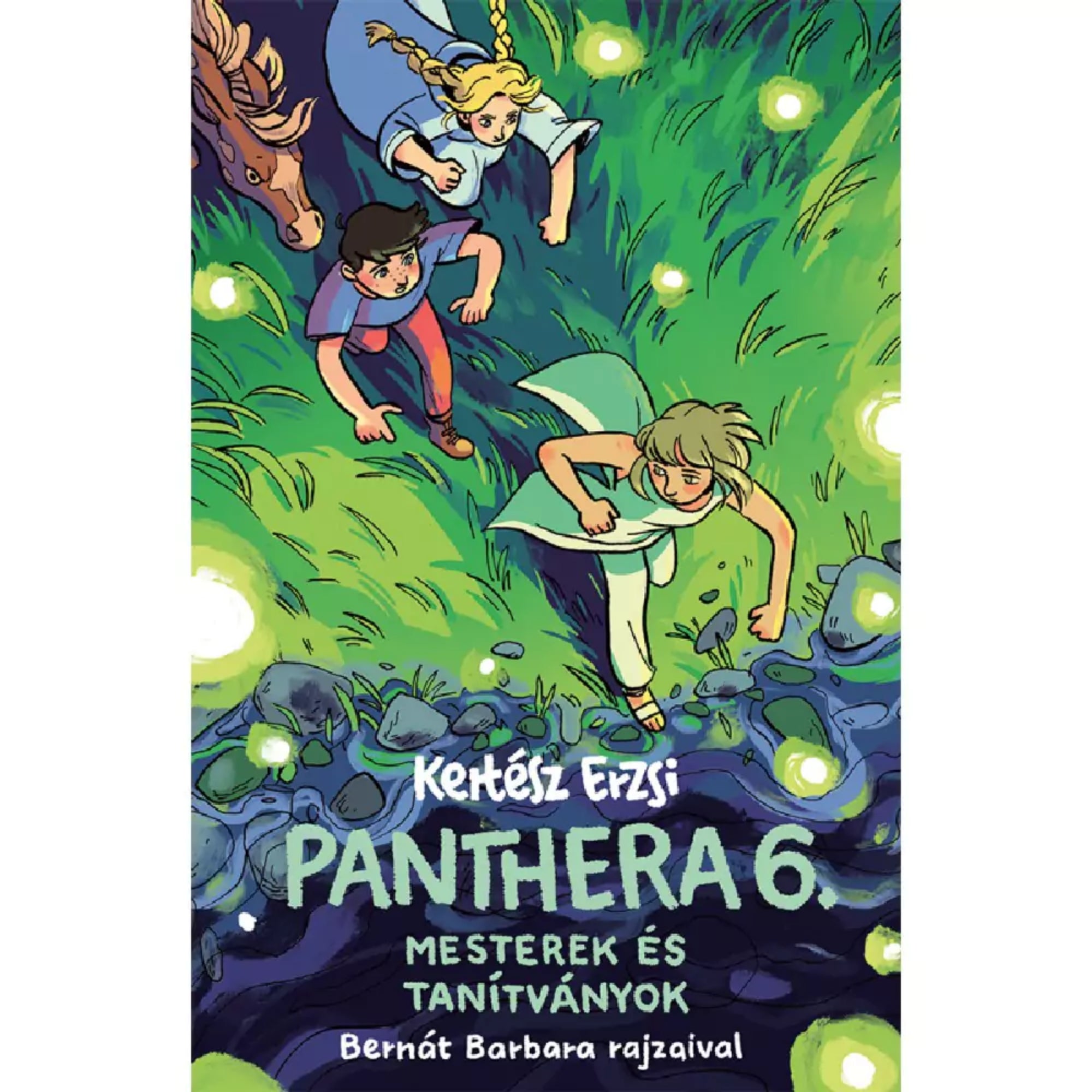 Kertész Erzsi: Panthera 6. – Mesterek és tanítványok könyv borítója, Bernát Barbara illusztrációjával. A képen három fiatal szereplő fut át egy sötét erdőn, amelyet világító szentjánosbogarak fénye ragyog be. Elöl egy világos ruhás fiú vezet, mögötte egy barna hajú lány és egy szőke copfos lány követi. A háttérben zöldellő fű, kövek és titokzatos fények erősítik a misztikus hangulatot. A borító kalandot és varázslatos világot sugall.