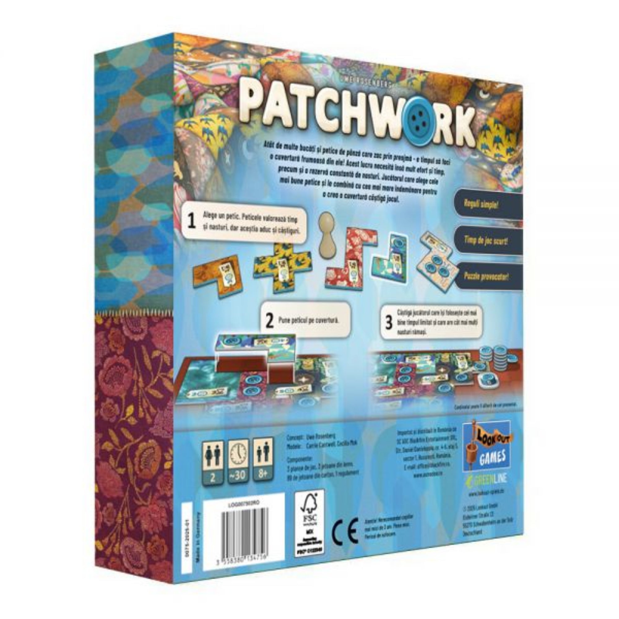 A Patchwork társasjáték doboza ferdén, látható a hátoldali leírás és a mintás oldal. 