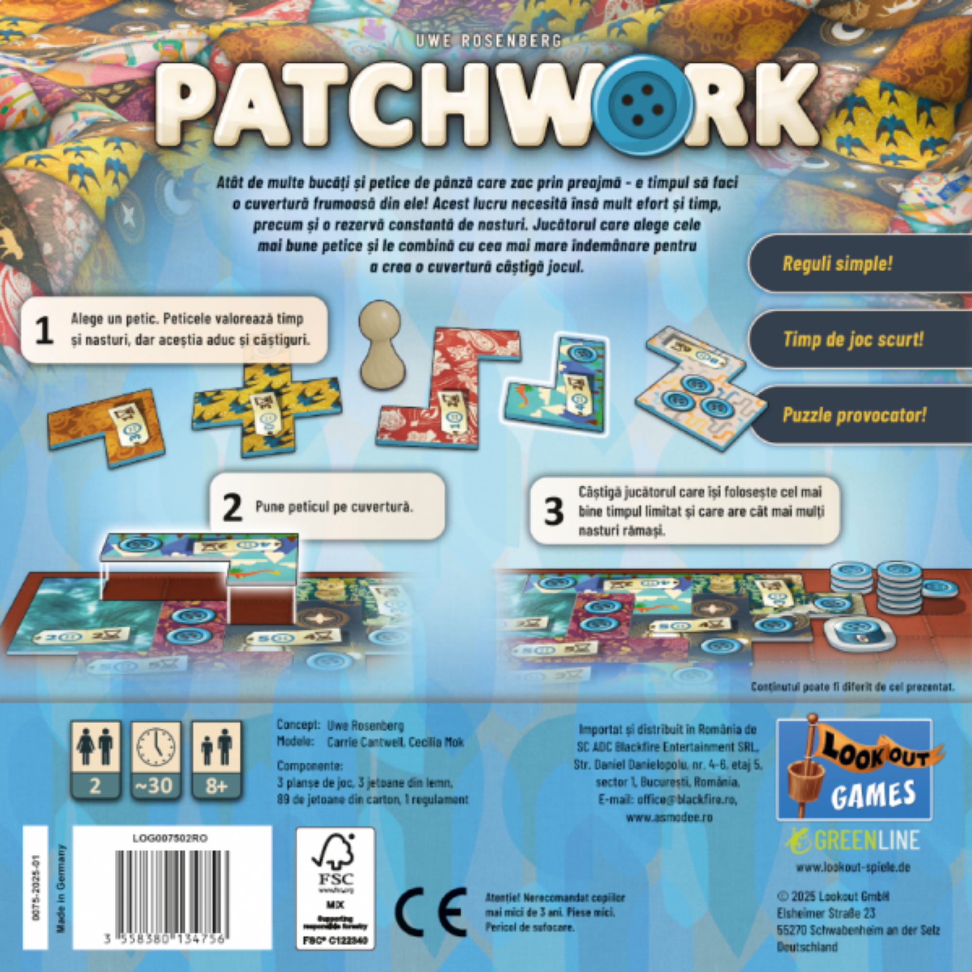 A Patchwork társasjáték doboz hátoldala, a játékszabályokkal és színes textilfoltokkal.