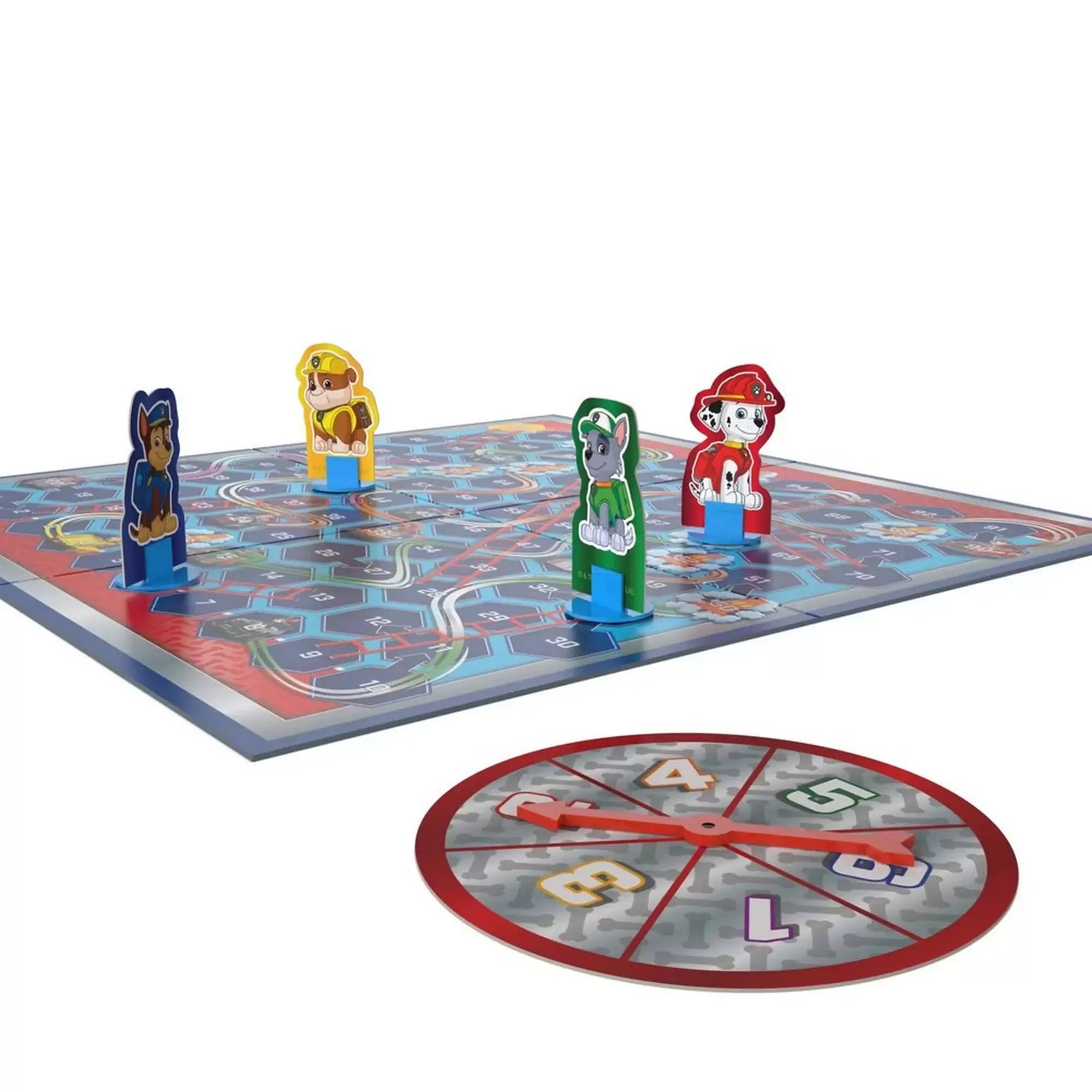 Paw Patrol (Mancs Őrjárat): Kutyusok és létrák játékfigurák és játéktábla. Chase, Marshall, Rubble és Rocky a játékmezőn haladnak a pörgető segítségével.