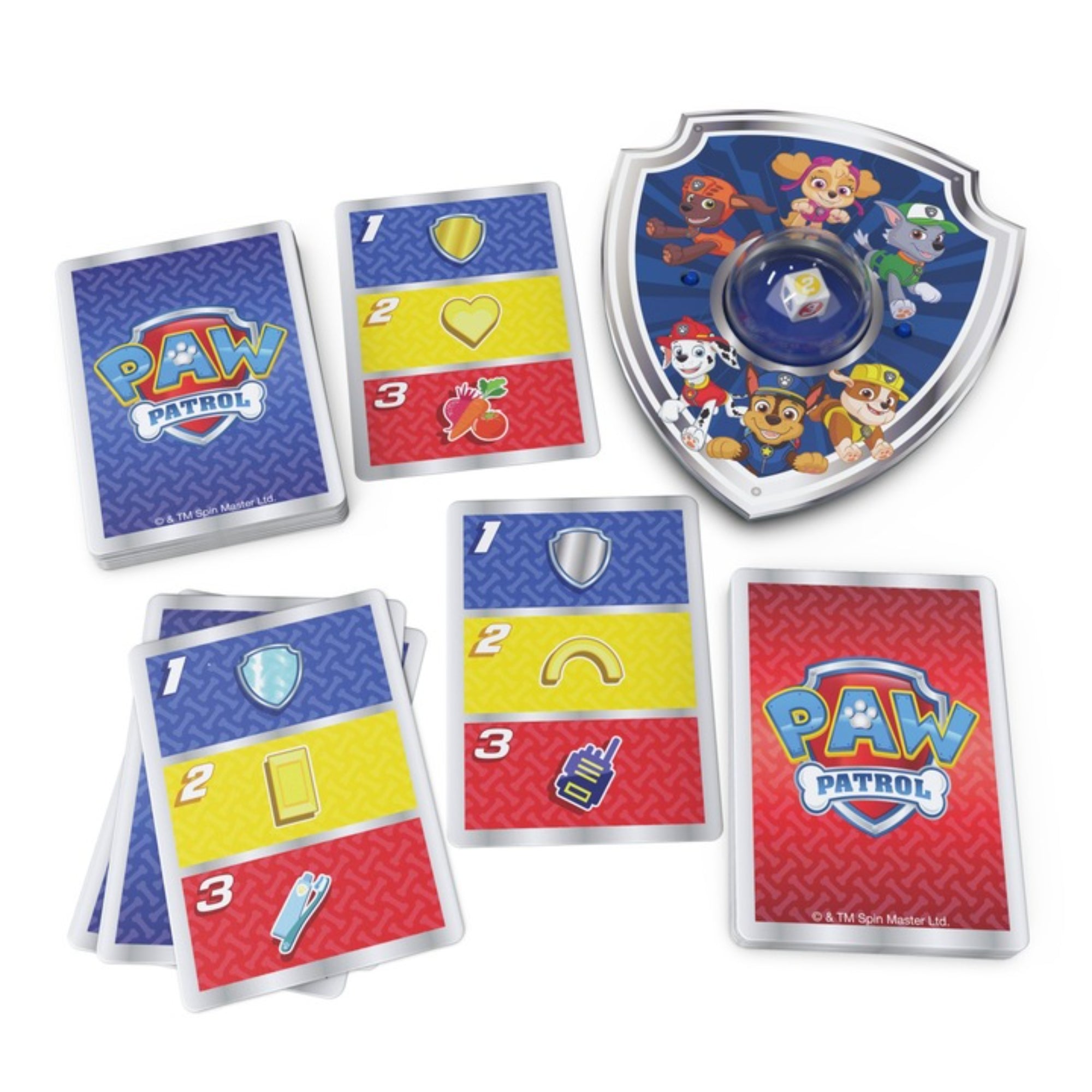 „PAW Patrol Pop & Find kártyák és a pajzs alakú pop-it panel közelről, PAW Patrol szereplők illusztrációival.”