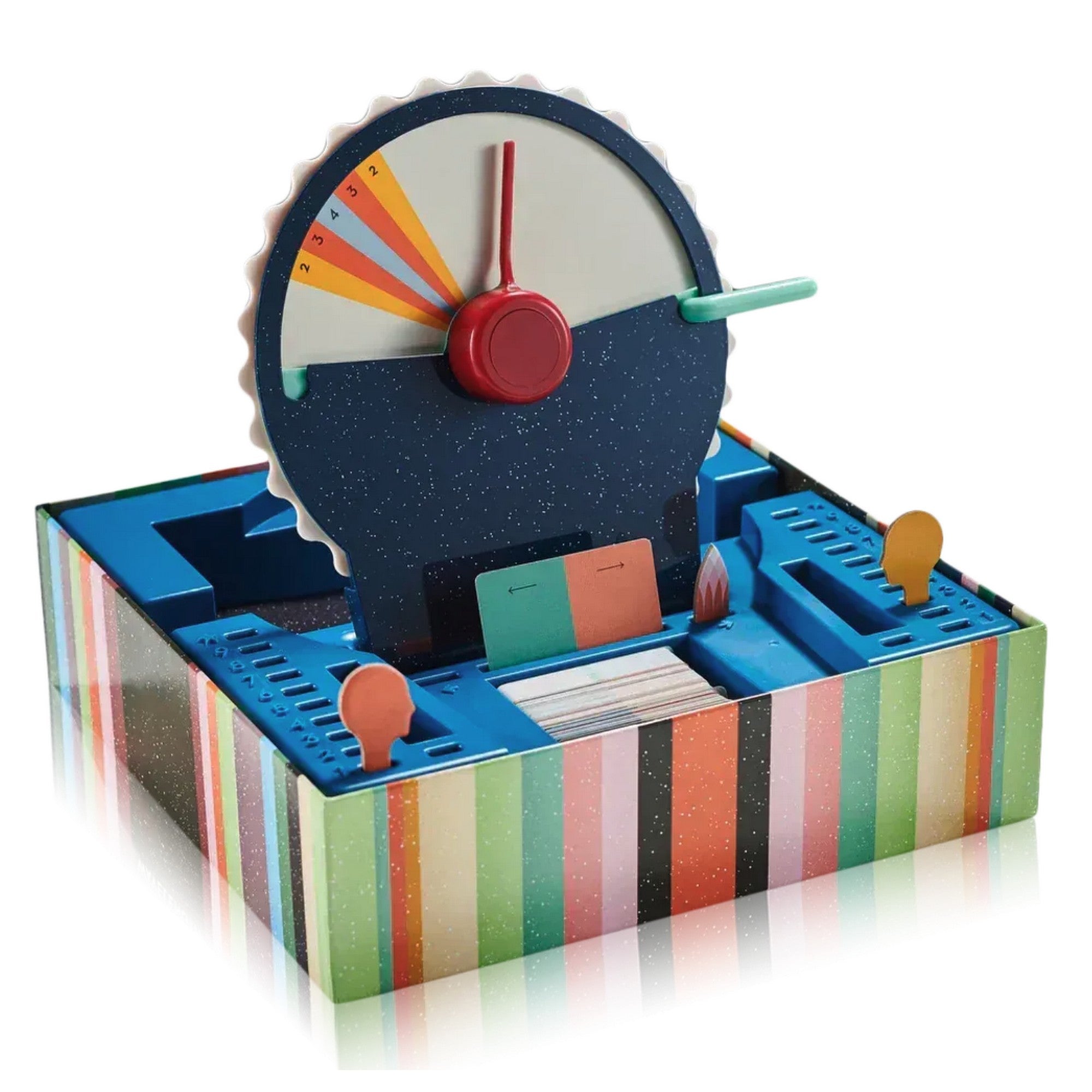 Pe aceeași lungime de undă társasjáték dobozbelső, központi forgatható mérőskálával és kártyatartó rekeszekkel.