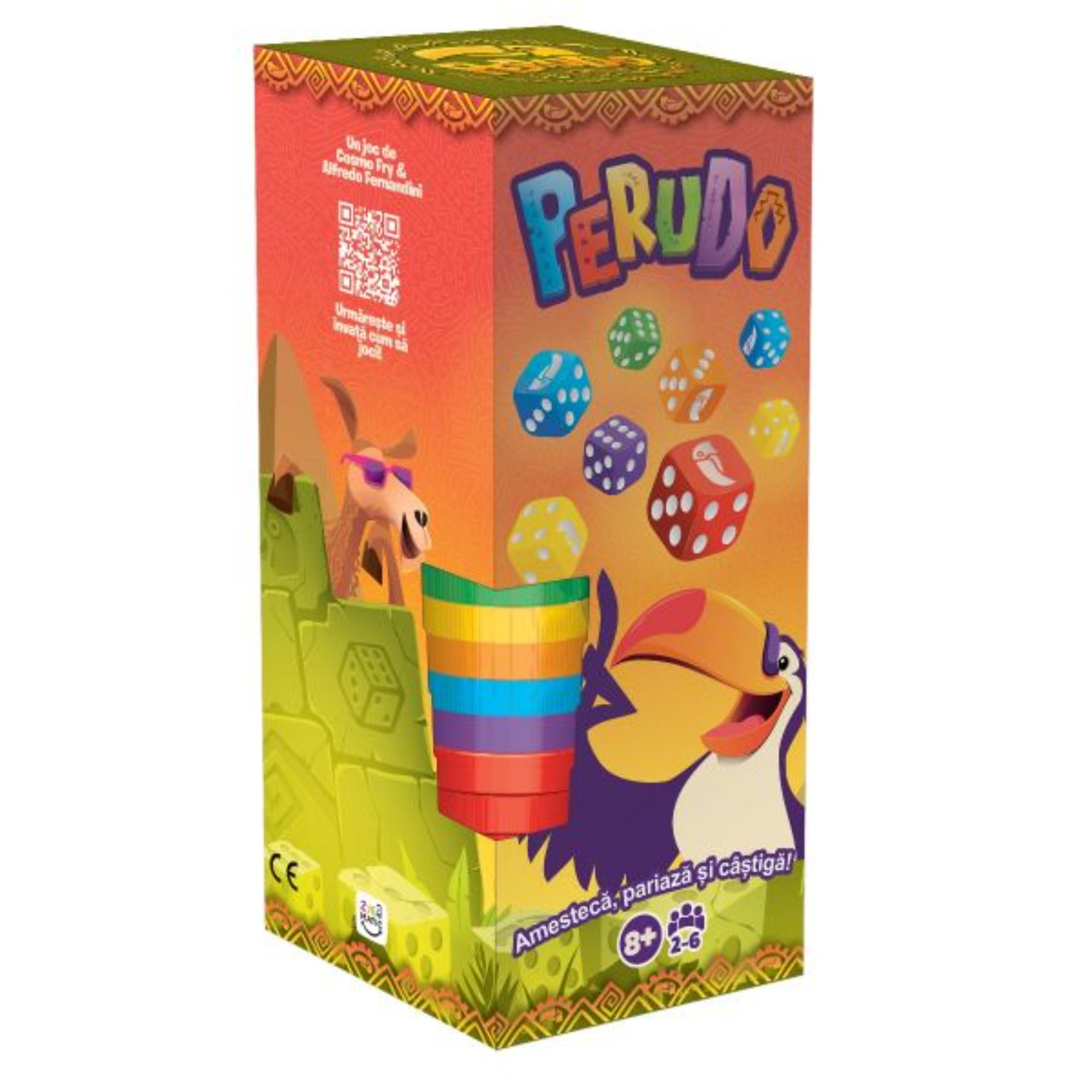 A Perudo társasjáték színes, élénk mintázatú doboza román felirattal („Amestecă, pariază și câștigă!”), háttérben kockák, egy tukán és egy viccesen ábrázolt lámafigura.