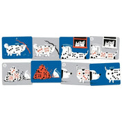 PETE társasjáték kártyái játék közben, pöttyös kutyákkal, dobókockákkal és különböző akcióhelyzetekkel.