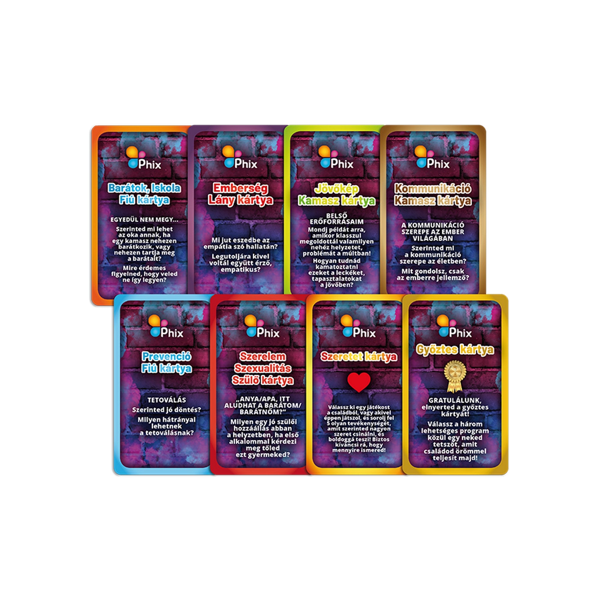 Phix Kamaszoknak társasjáték kártyapakli, különböző témájú kommunikációs és győztes kártyákkal.