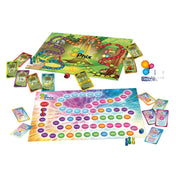 Phix 6–12 kommunikációs társasjáték játéktáblákkal, színes mezőkkel, kártyákkal, bábukkal és dobókockával, erdei és színes mintás dizájnnal.