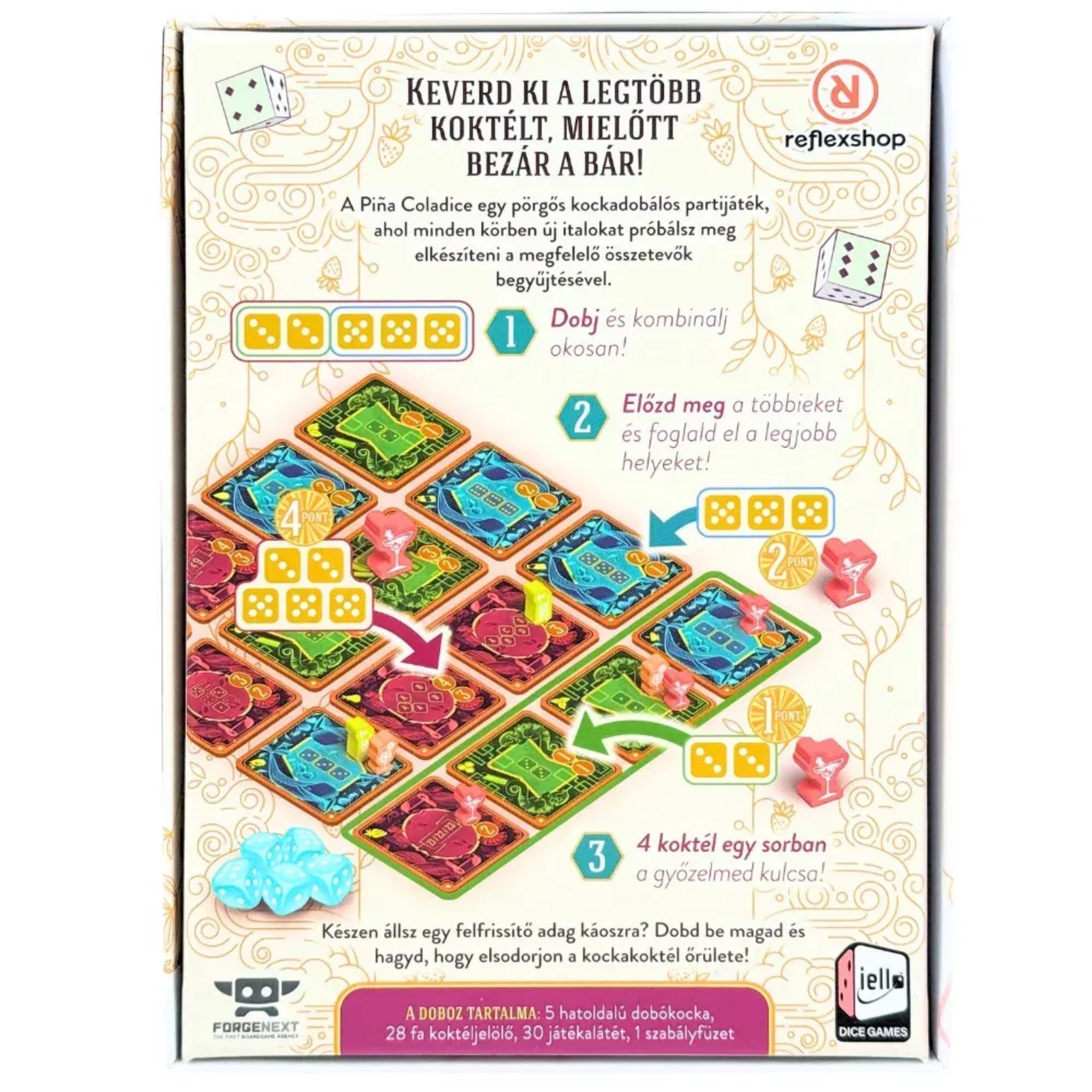 A Piña Coladice dobozának hátoldala játékmenet-ismertetővel, illusztrált példakörrel, pontozási mintákkal és a doboz tartalmának felsorolásával.