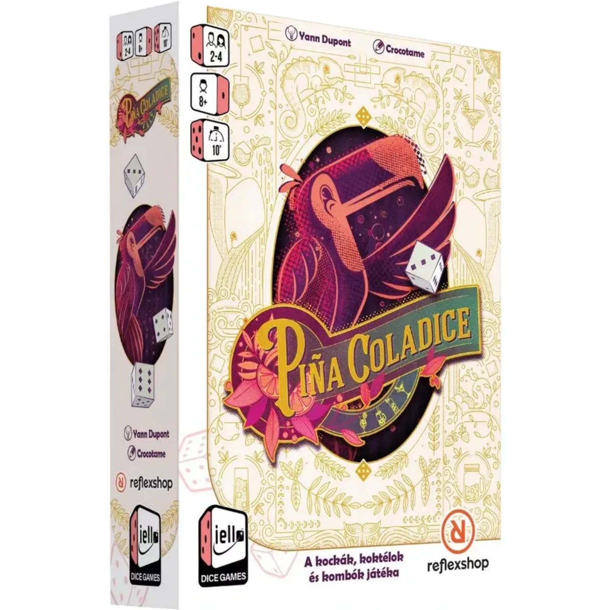 Piña Coladice magyar kiadású társasjáték doboza elegáns, trópusi hangulatú art deco grafikával, tukán motívummal és dobókocka illusztrációval.