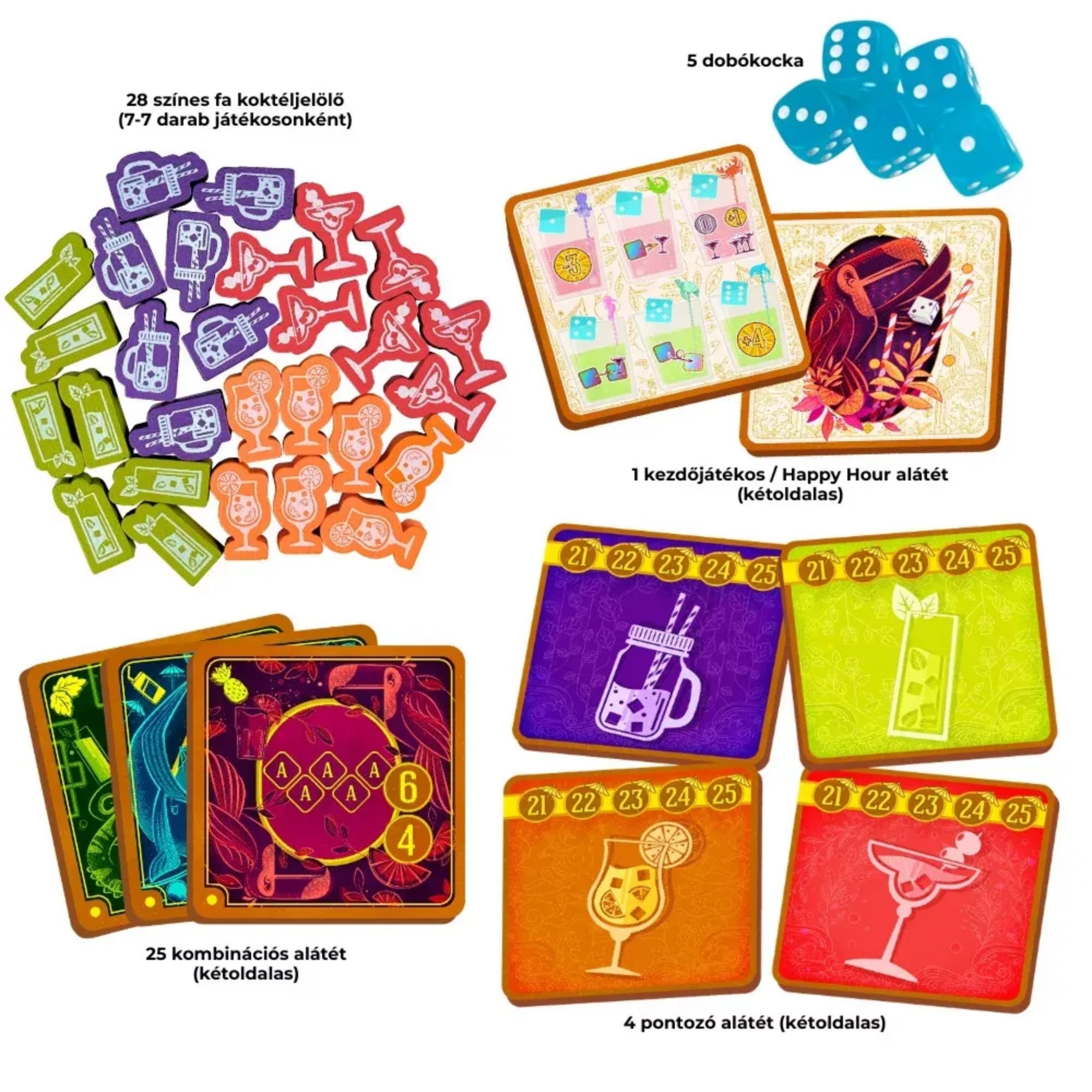 A Piña Coladice társasjáték tartalma részletesen: 5 türkizkék dobókocka, 28 színes fa koktéljelölő (pohár és üveg formák), valamint kétoldalas kombinációs és pontozó alátétek.