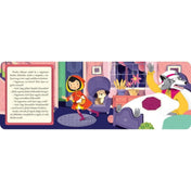 A Piroska és a farkas könyv egyik oldala, ahol Piroska megérkezik a nagymama házába, miközben a farkas álruhában az ágyban fekszik.