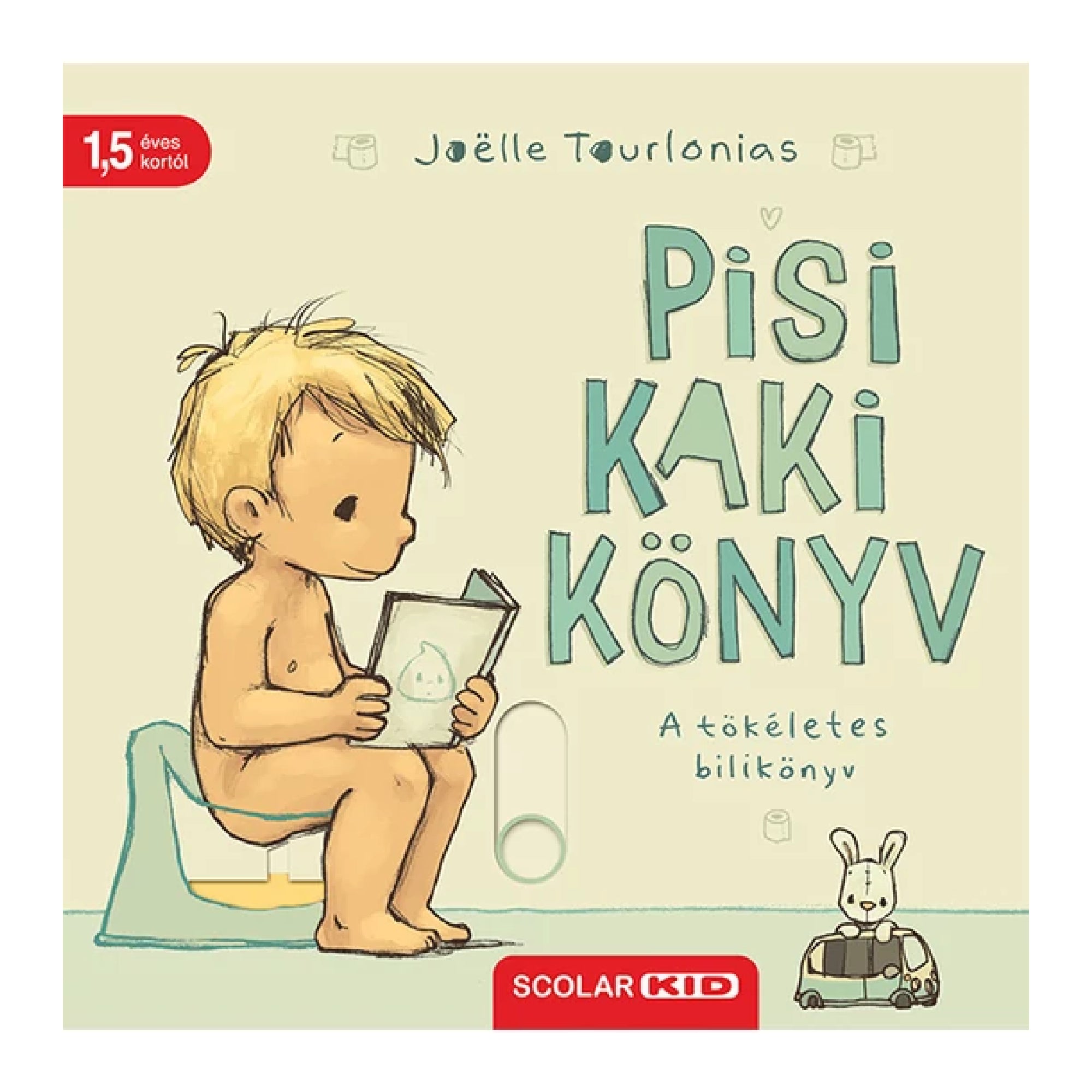 Pisi kaki könyv borítója, amelyen egy szőke kisgyerek bilin ülve könyvet olvas, mellette WC-papír és egy játéknyuszi látható.
