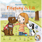 A képen Lili, a kislány mosolyogva öleli át Pitypangot, a segítőkutyát, és egy másik barátját, egy kis fehér kutyát. A háttérben park és városi utca látható, amely barátságos és vidám hangulatot sugall.