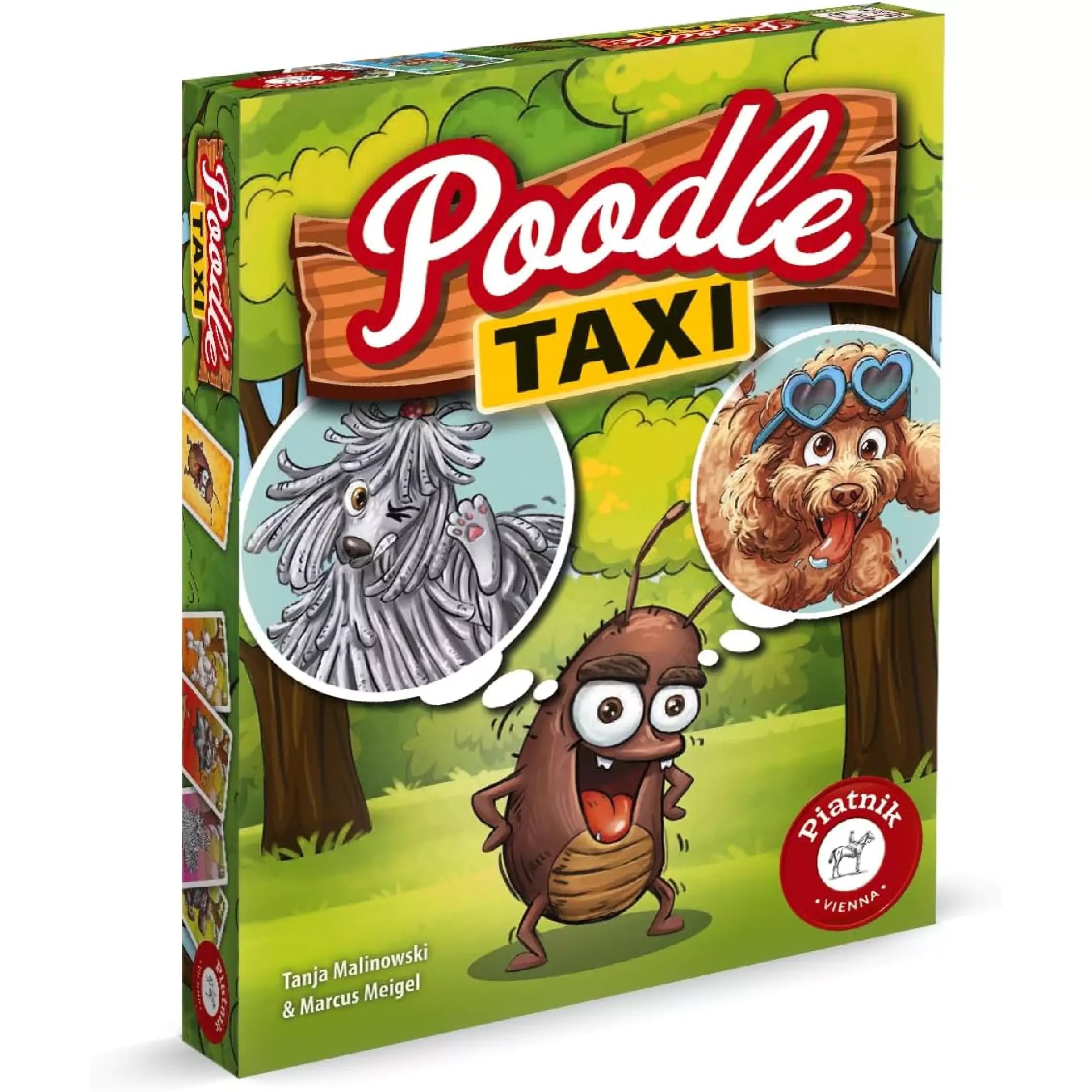 A Poodle Taxi társasjáték színes, vidám doboza, amelyen egy rajzolt csótány álmodozik két különböző uszkárról, háttérben erdei jelenettel.