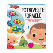 Potrivește Formele játék doboza, melyen teknősök, almafa és mosolygó gyerekek szerepelnek.