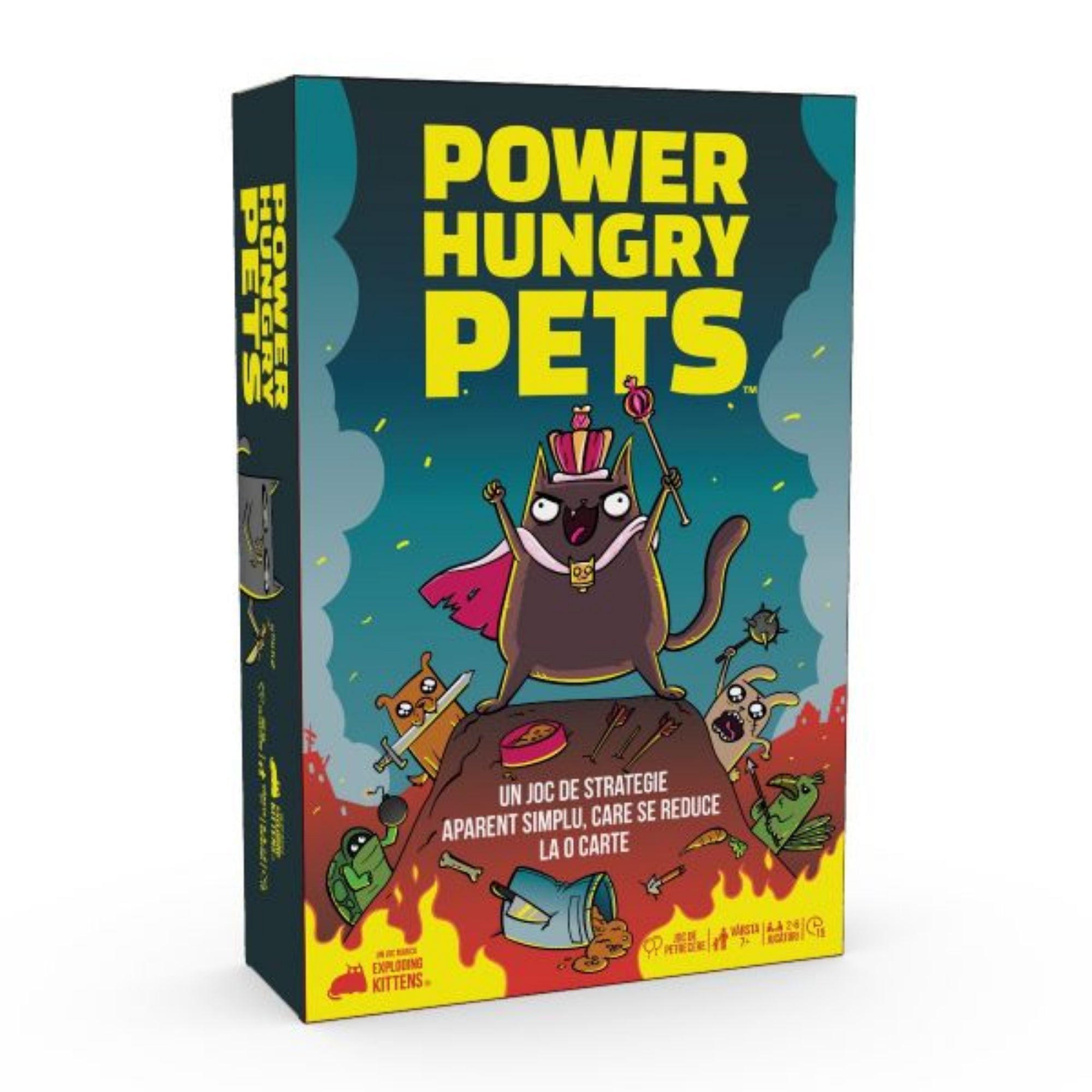 Power Hungry Pets társasjáték doboza színes, humoros állatfigurákkal, középen koronás macskával, alatta a szlogen: ’Un joc de strategie aparent simplu’.”