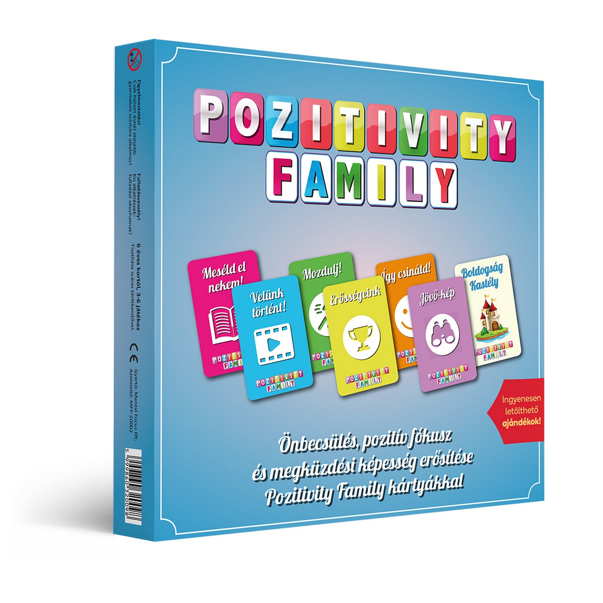 Pozitivity Family családi társasjáték doboza, önbecsülést és pozitív gondolkodást fejlesztő kártyákkal.