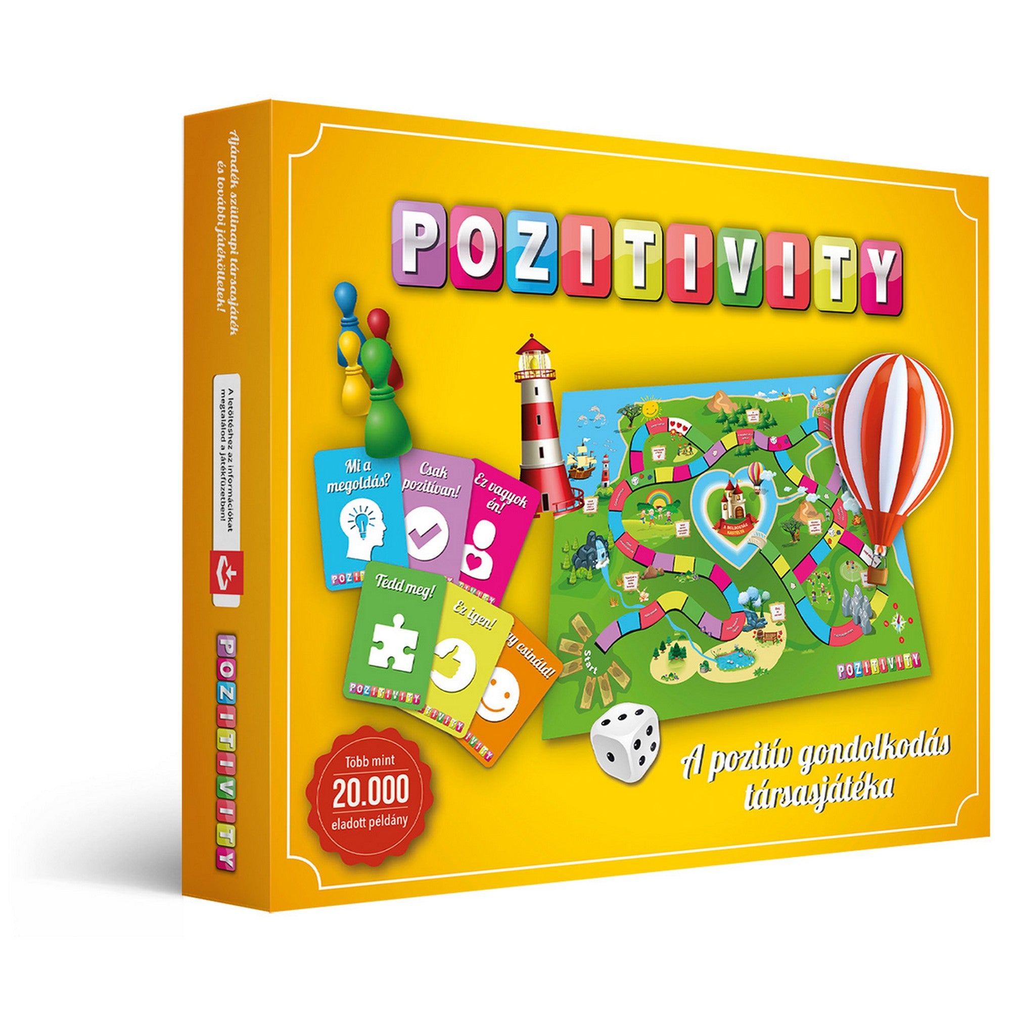 Pozitivity – A pozitív gondolkodás társasjátéka doboza, színes játéktáblával, kártyákkal, bábukkal és dobókockával.