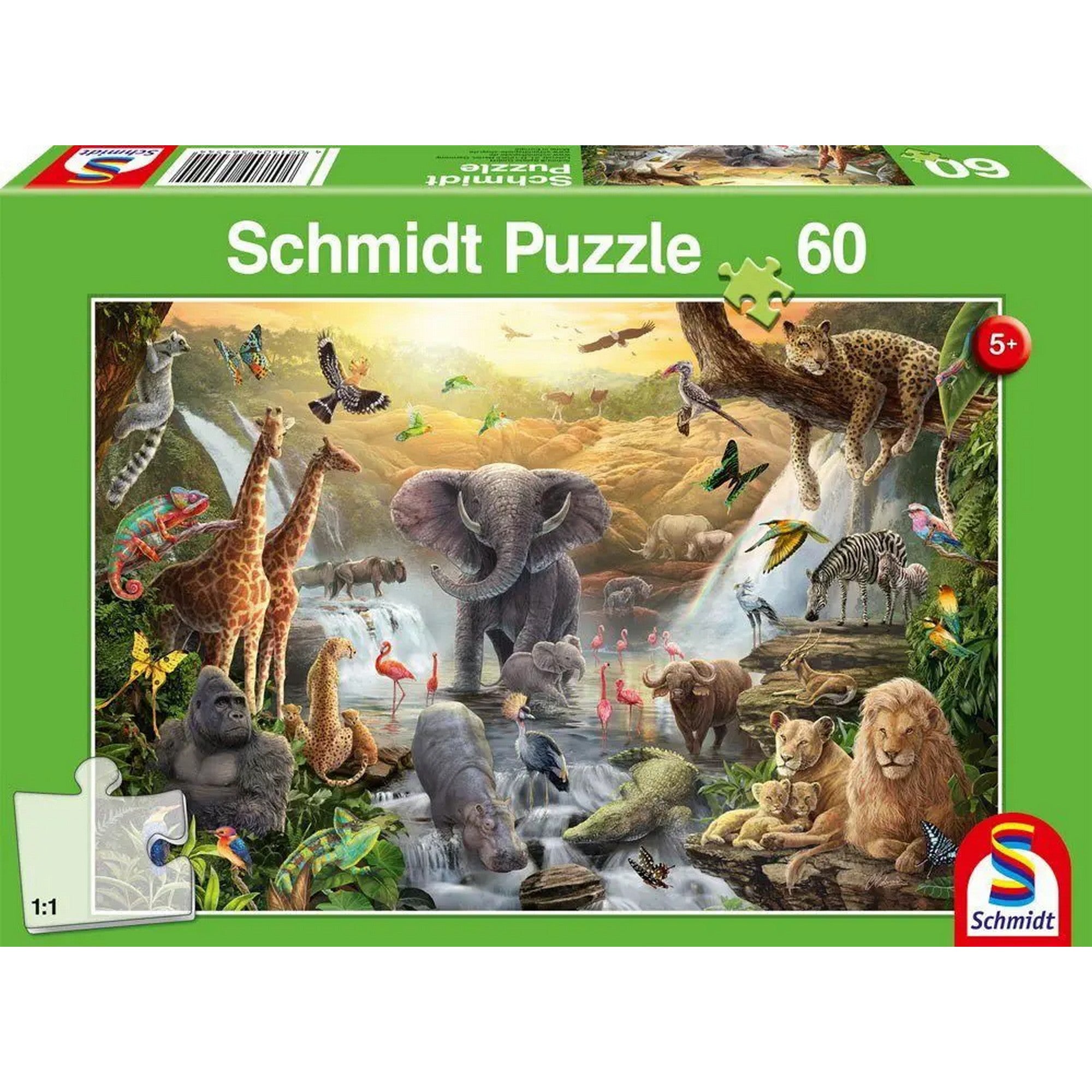 Schmidt Puzzle 60 darabos kirakó doboza, afrikai vadállatokat ábrázoló képpel, elefánttal, zsiráfokkal, oroszlánokkal és vízeséssel, 5+ jelöléssel.