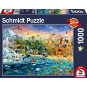 Schmidt Puzzle 1000 db – dobozkép, színes illusztrációval, amely a világ különböző élőhelyein élő állatokat ábrázolja szárazföldön, levegőben és víz alatt.